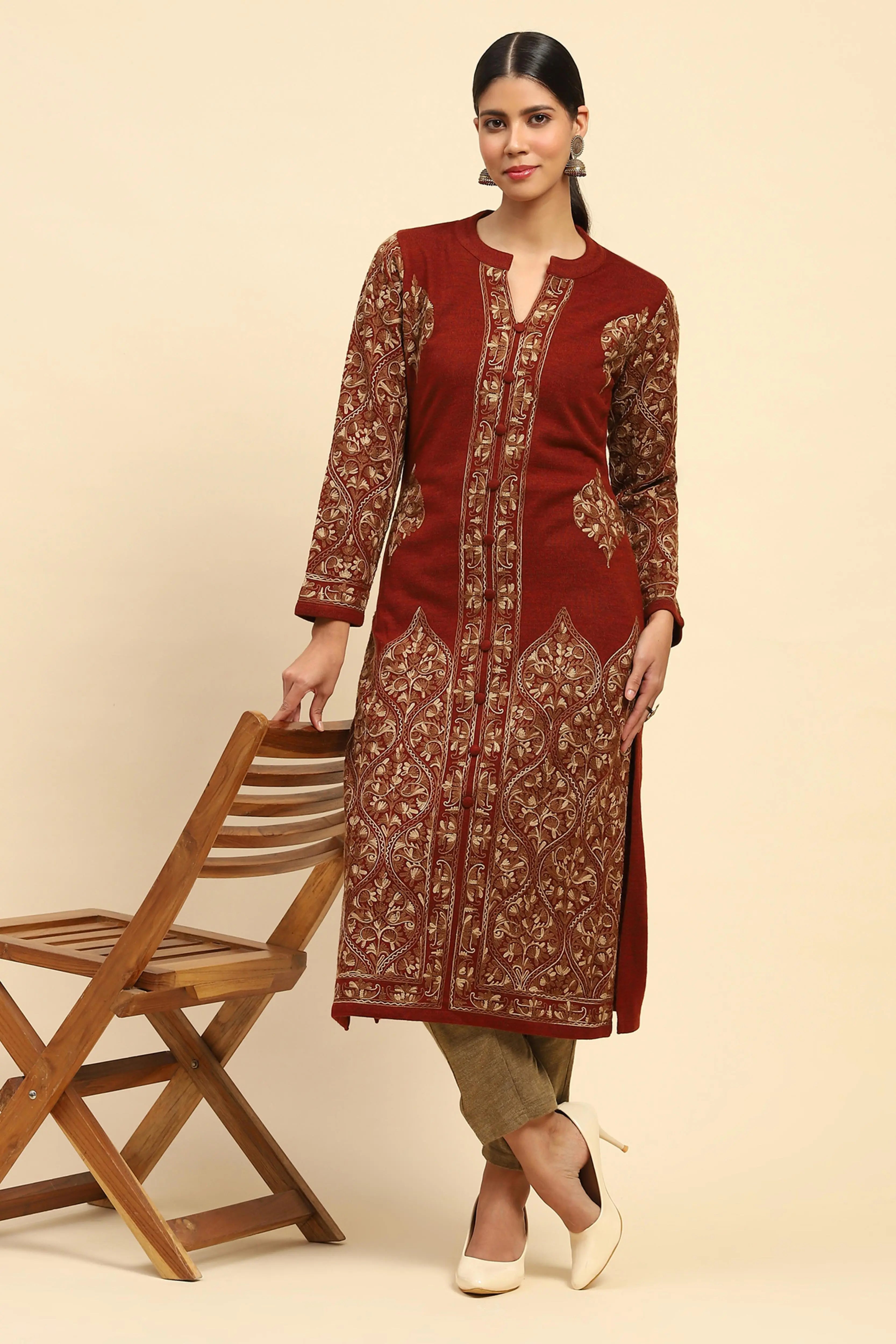 Rust Woolen Thread Embroidered Notch Neck Kurta - Global Republic