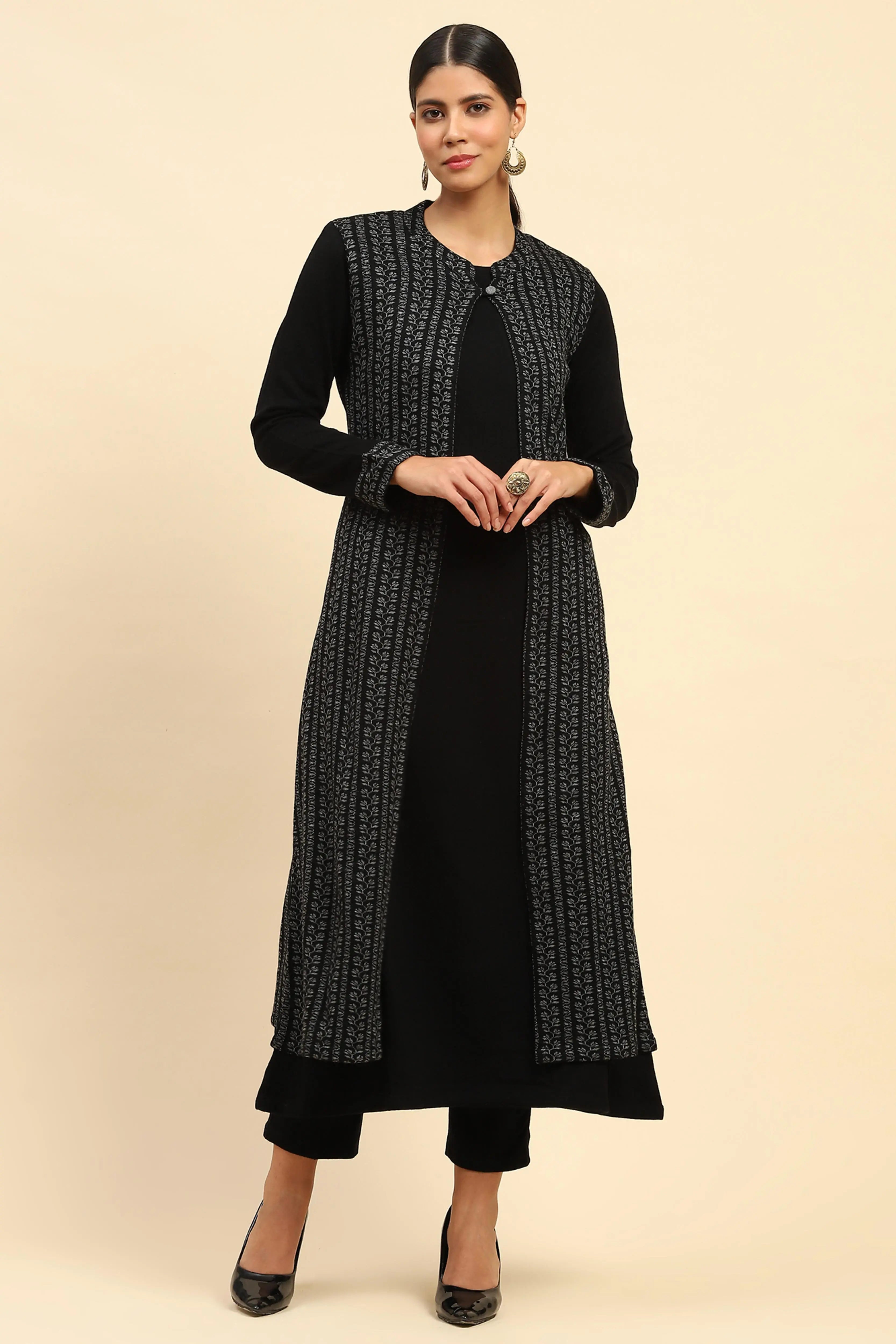 Black Woolen Knitted Layered Round Neck Button Kurta - Global Republic