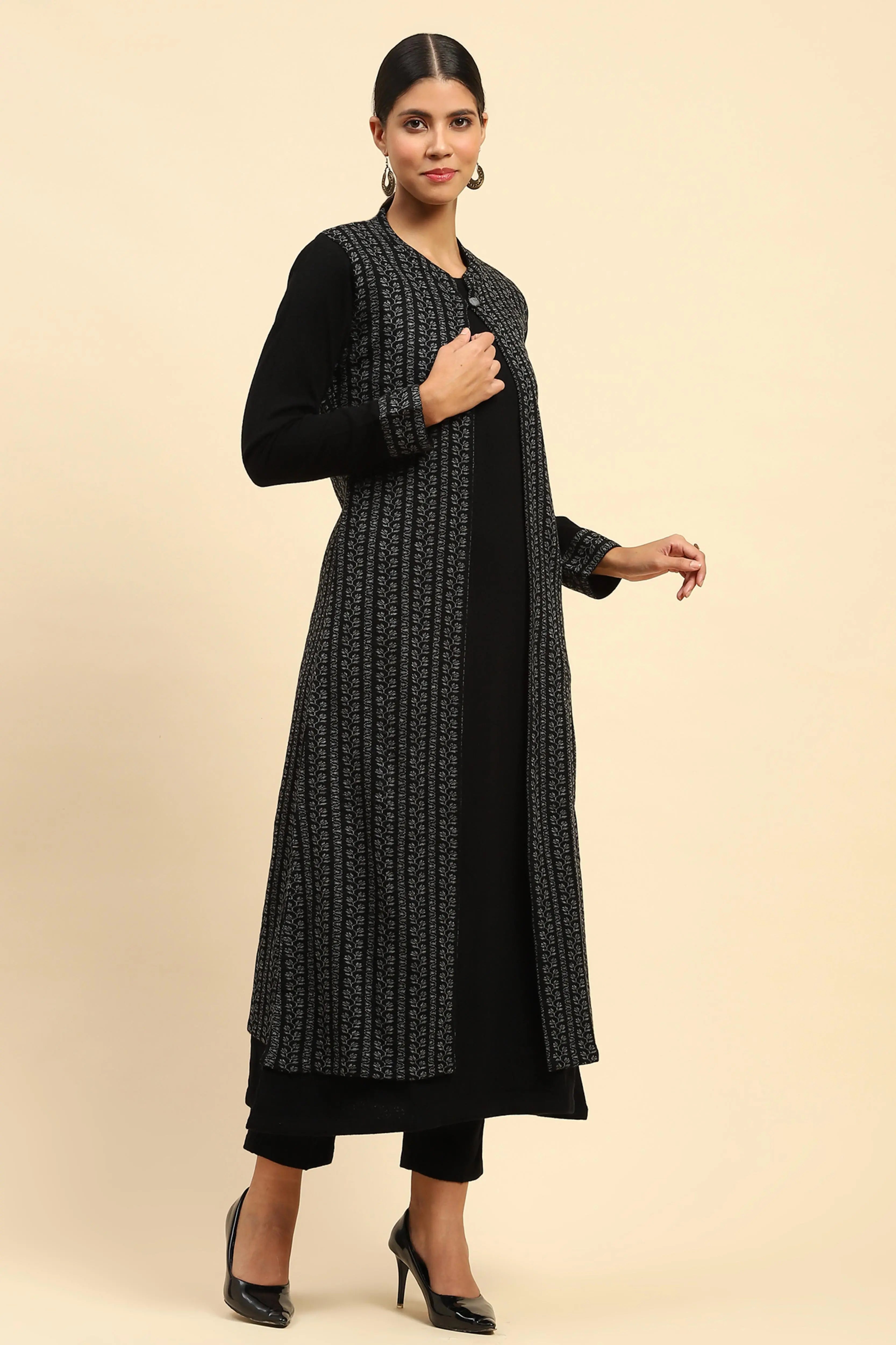 Black Woolen Knitted Layered Round Neck Button Kurta - Global Republic