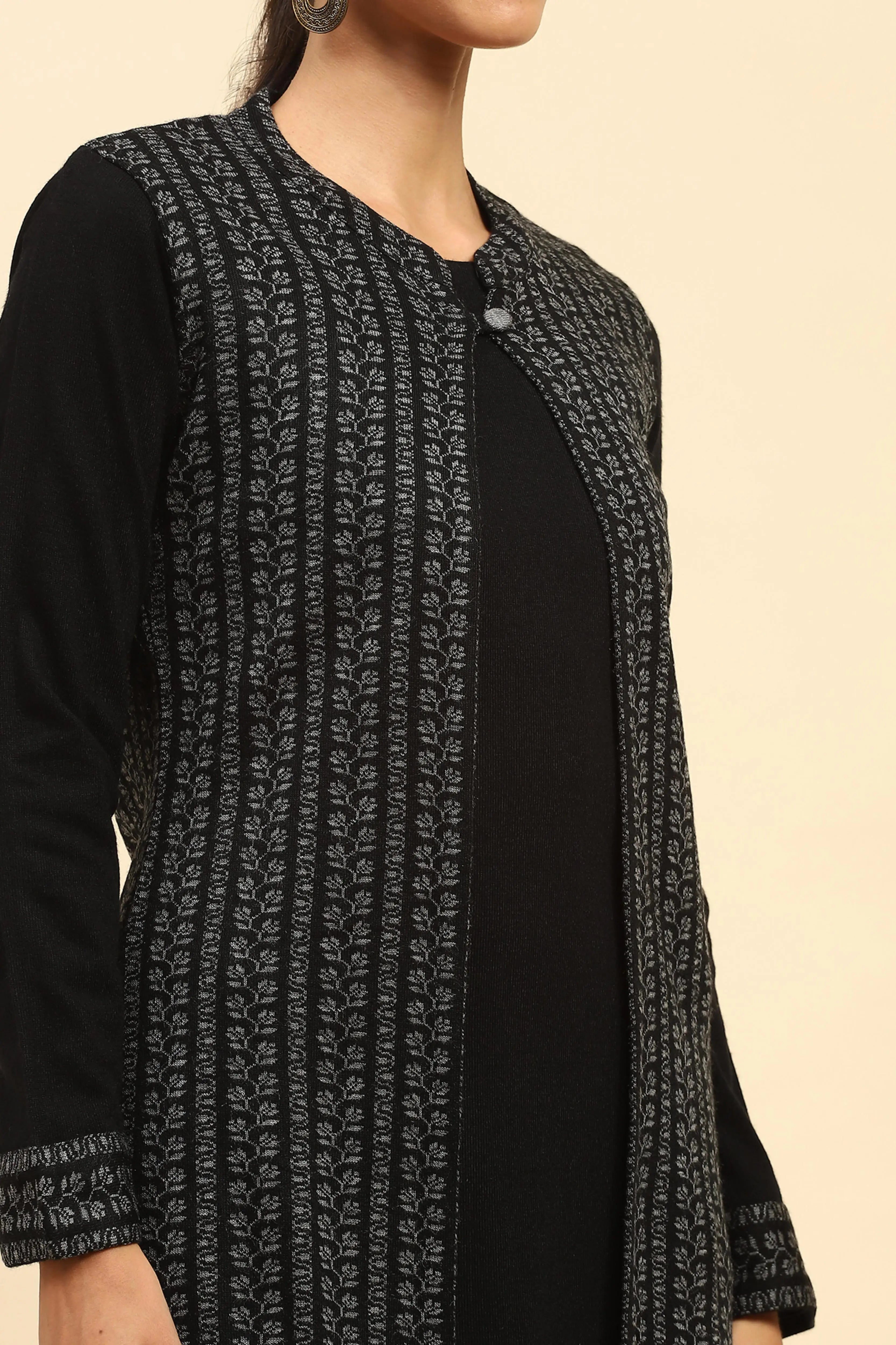 Black Woolen Knitted Layered Round Neck Button Kurta - Global Republic