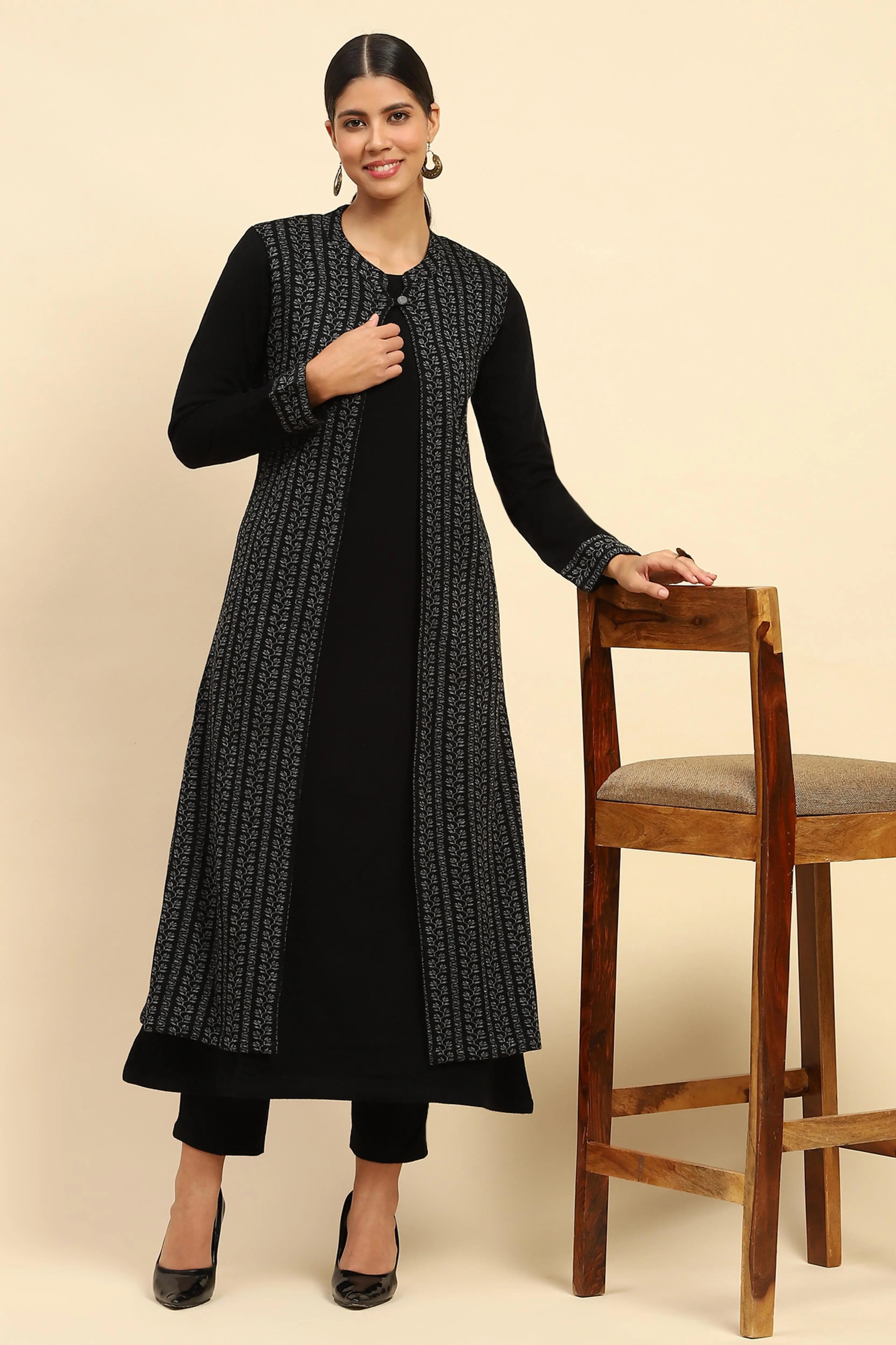 Black Woolen Knitted Layered Round Neck Button Kurta - Global Republic