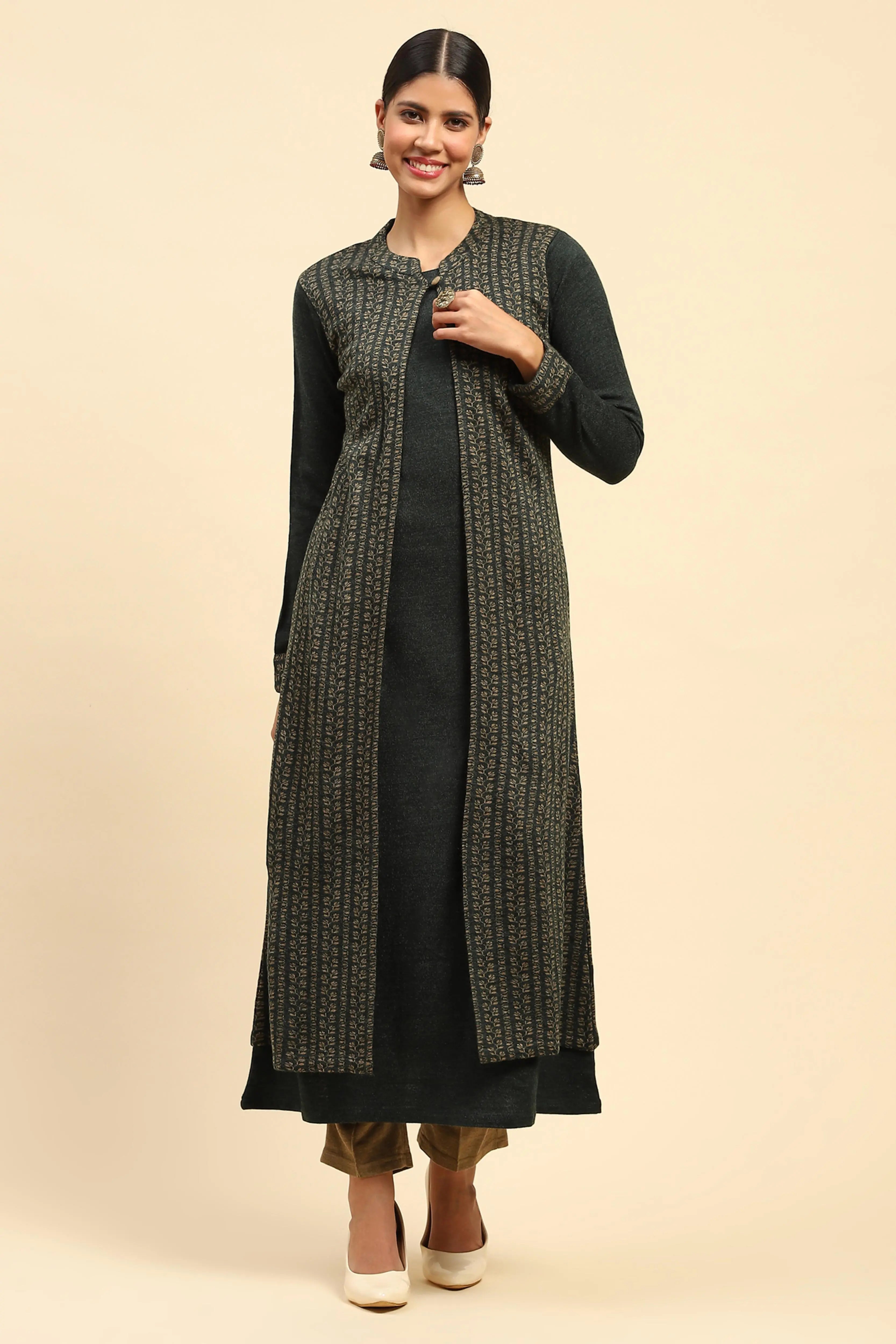 Olive Woolen Knitted Layered Round Neck Button Kurta - Global Republic