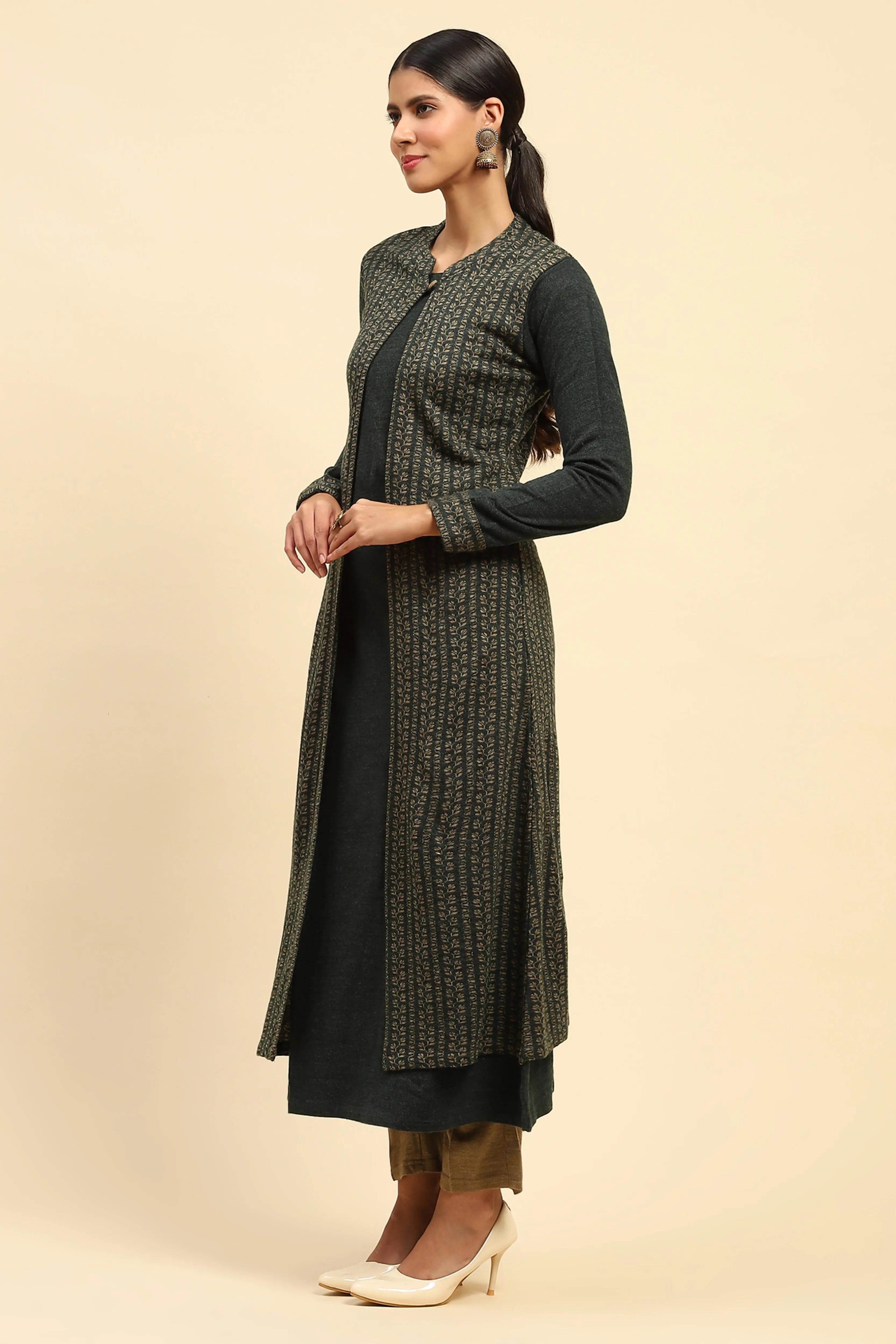 Olive Woolen Knitted Layered Round Neck Button Kurta - Global Republic