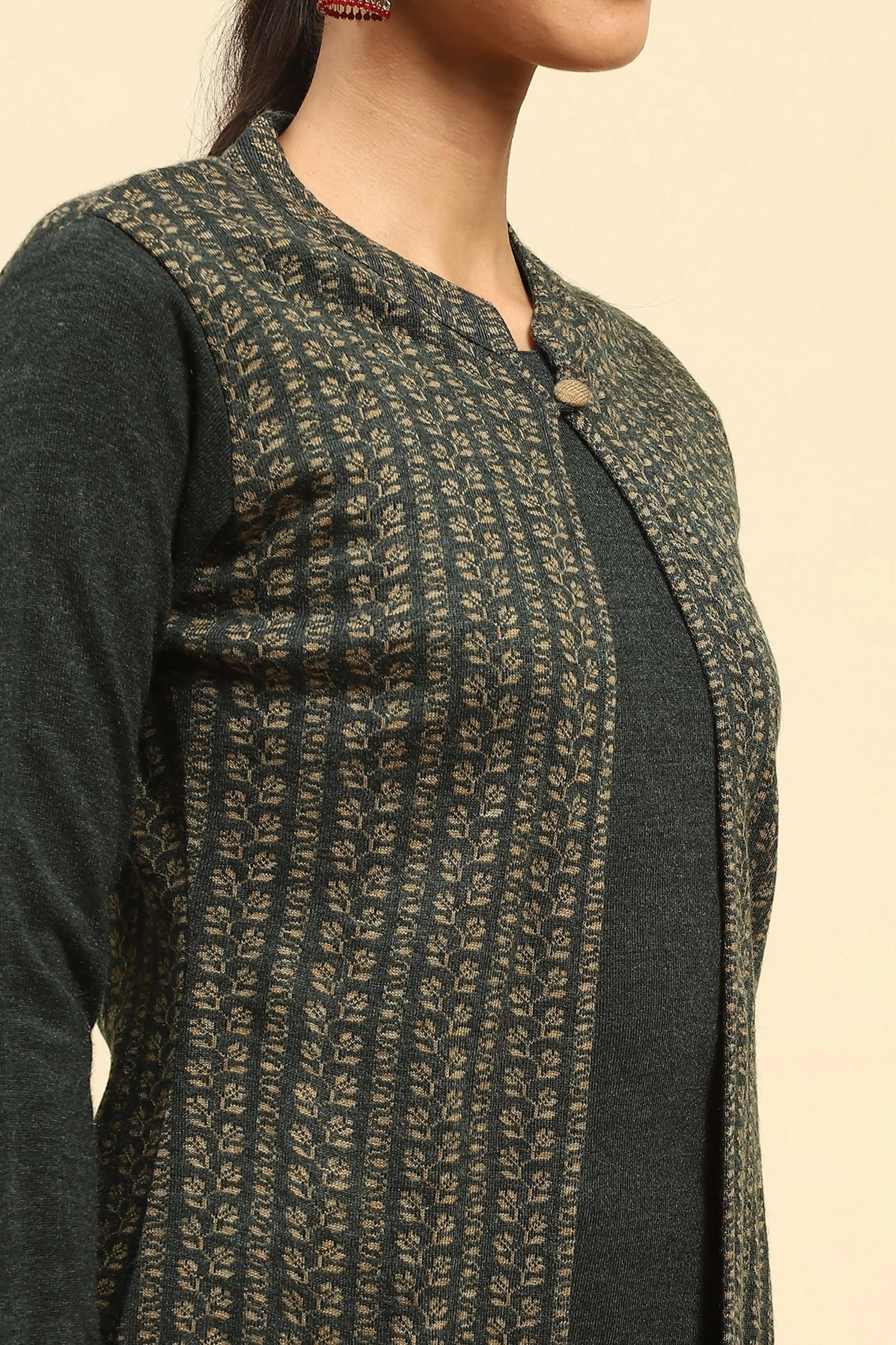 Olive Woolen Knitted Layered Round Neck Button Kurta - Global Republic