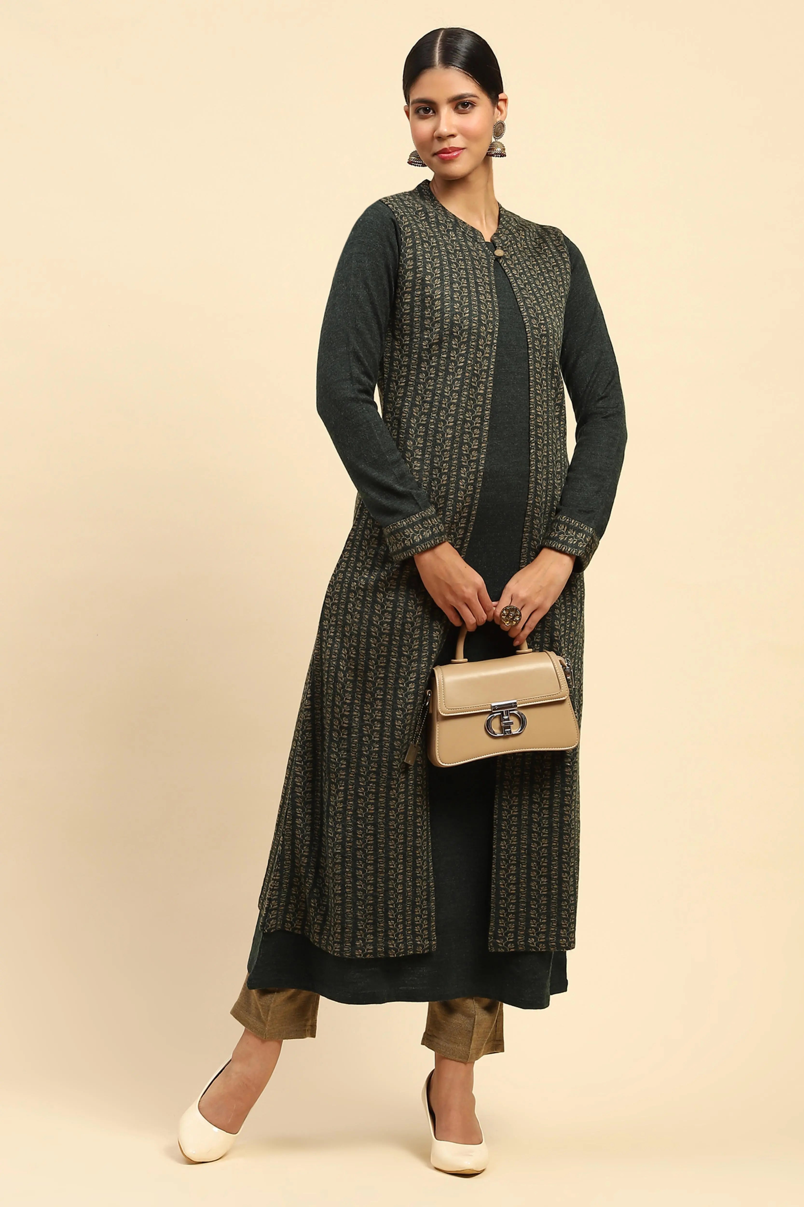 Olive Woolen Knitted Layered Round Neck Button Kurta - Global Republic