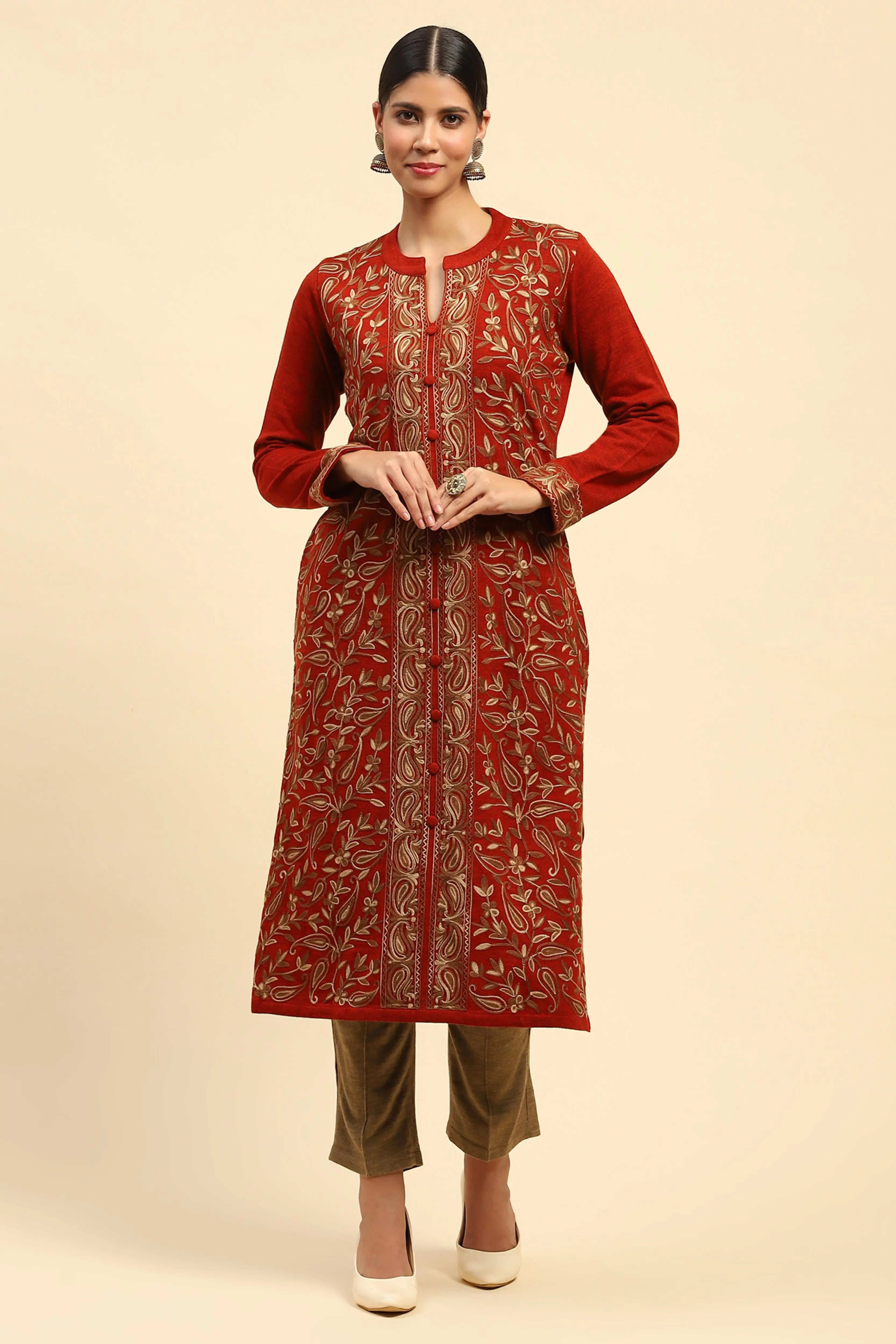 Rust Woolen Thread Embroidered Kurta - Global Republic
