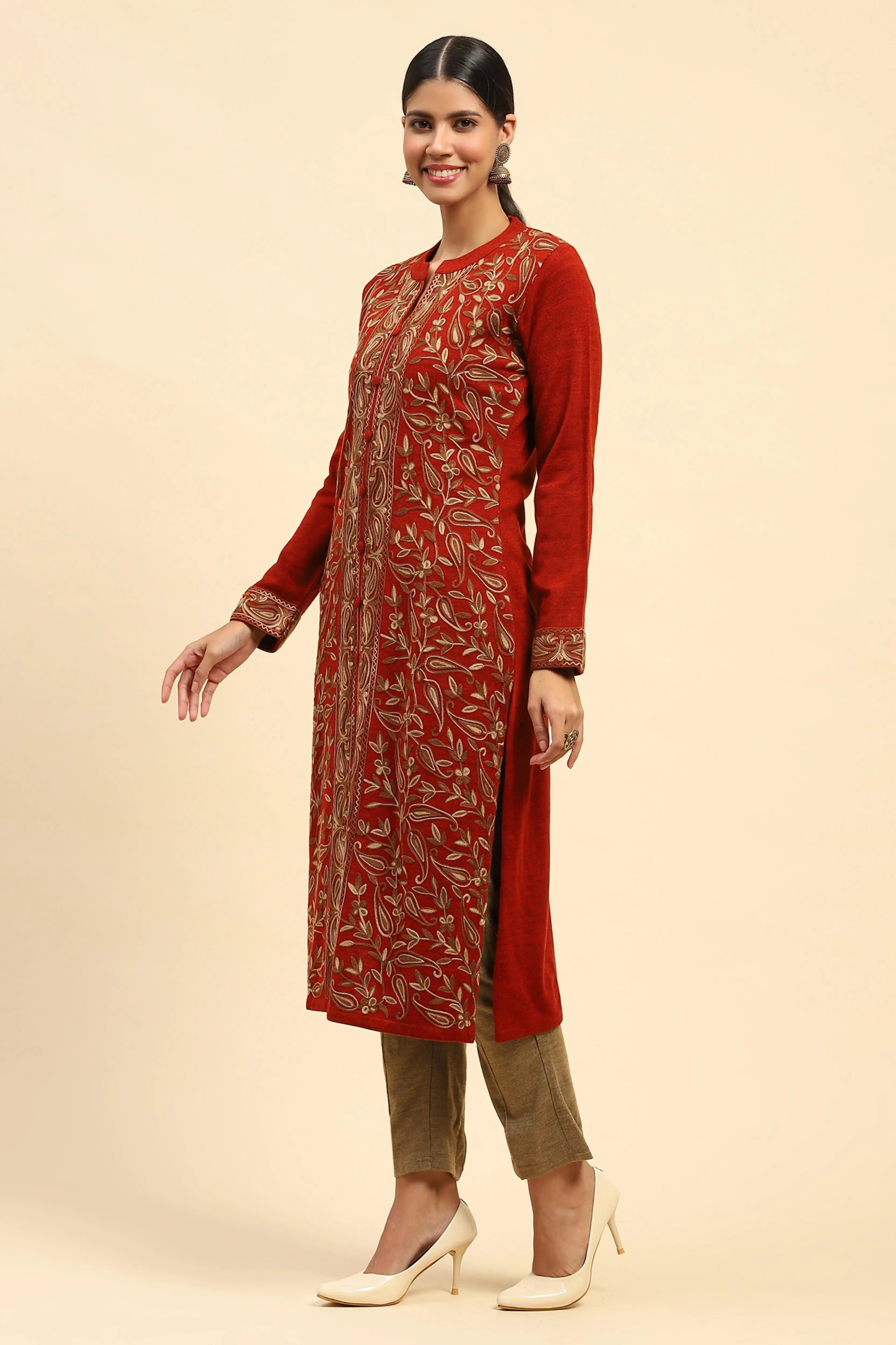 Rust Woolen Thread Embroidered Kurta - Global Republic