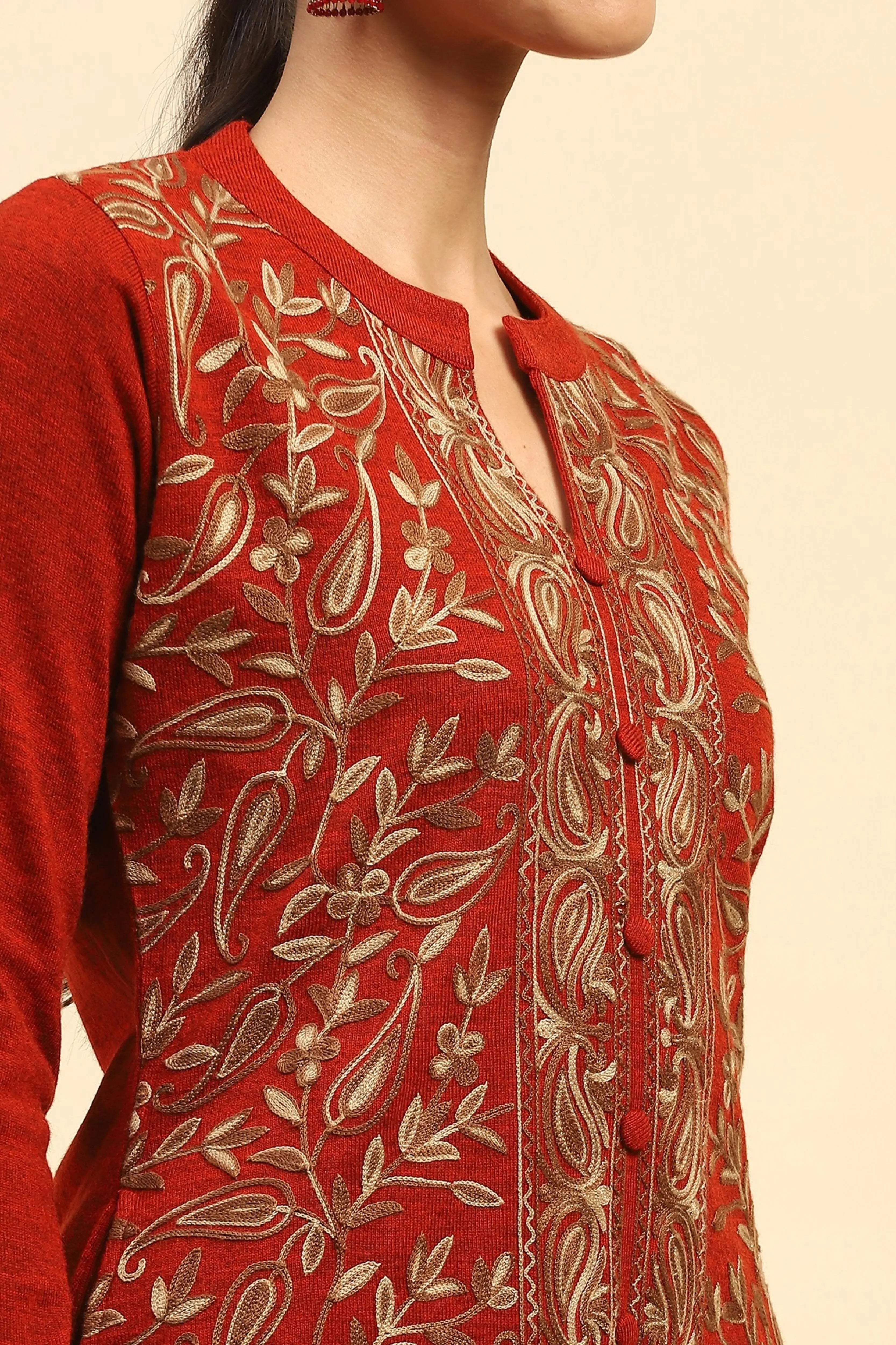 Rust Woolen Thread Embroidered Kurta - Global Republic