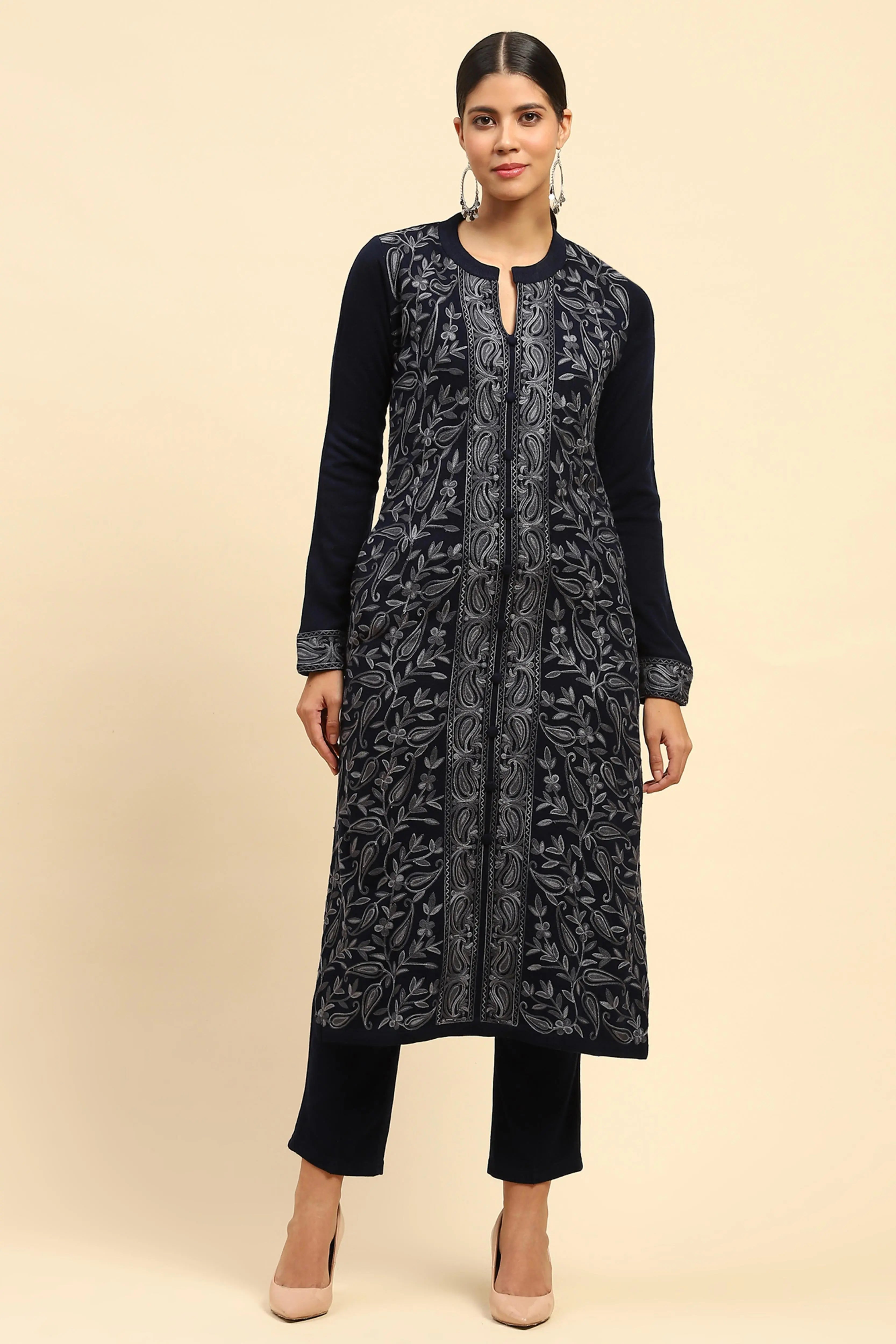 Navy Blue Woolen Thread Embroidered Notch Neck Kurta - Global Republic