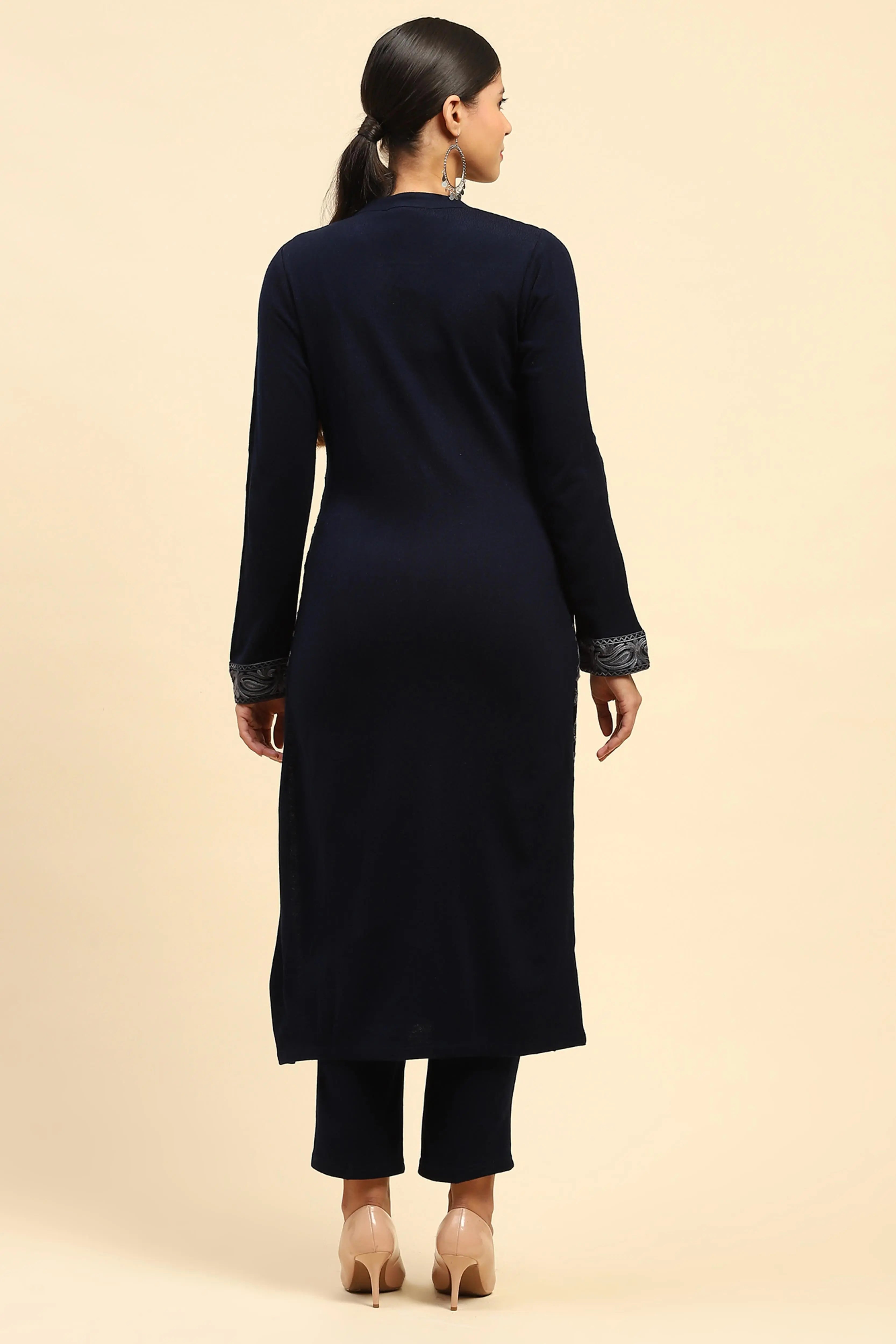 Navy Blue Woolen Thread Embroidered Notch Neck Kurta - Global Republic