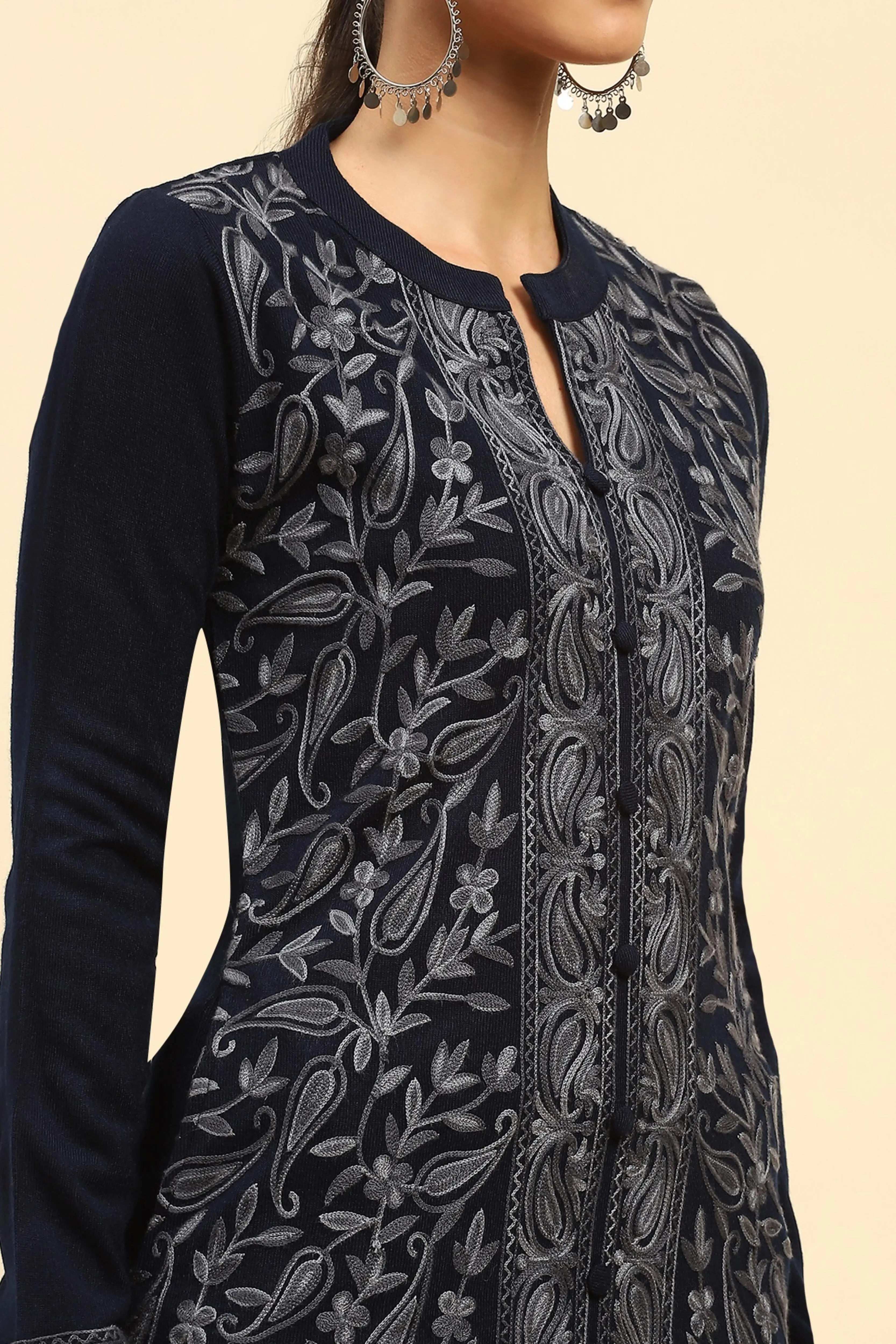 Navy Blue Woolen Thread Embroidered Notch Neck Kurta - Global Republic