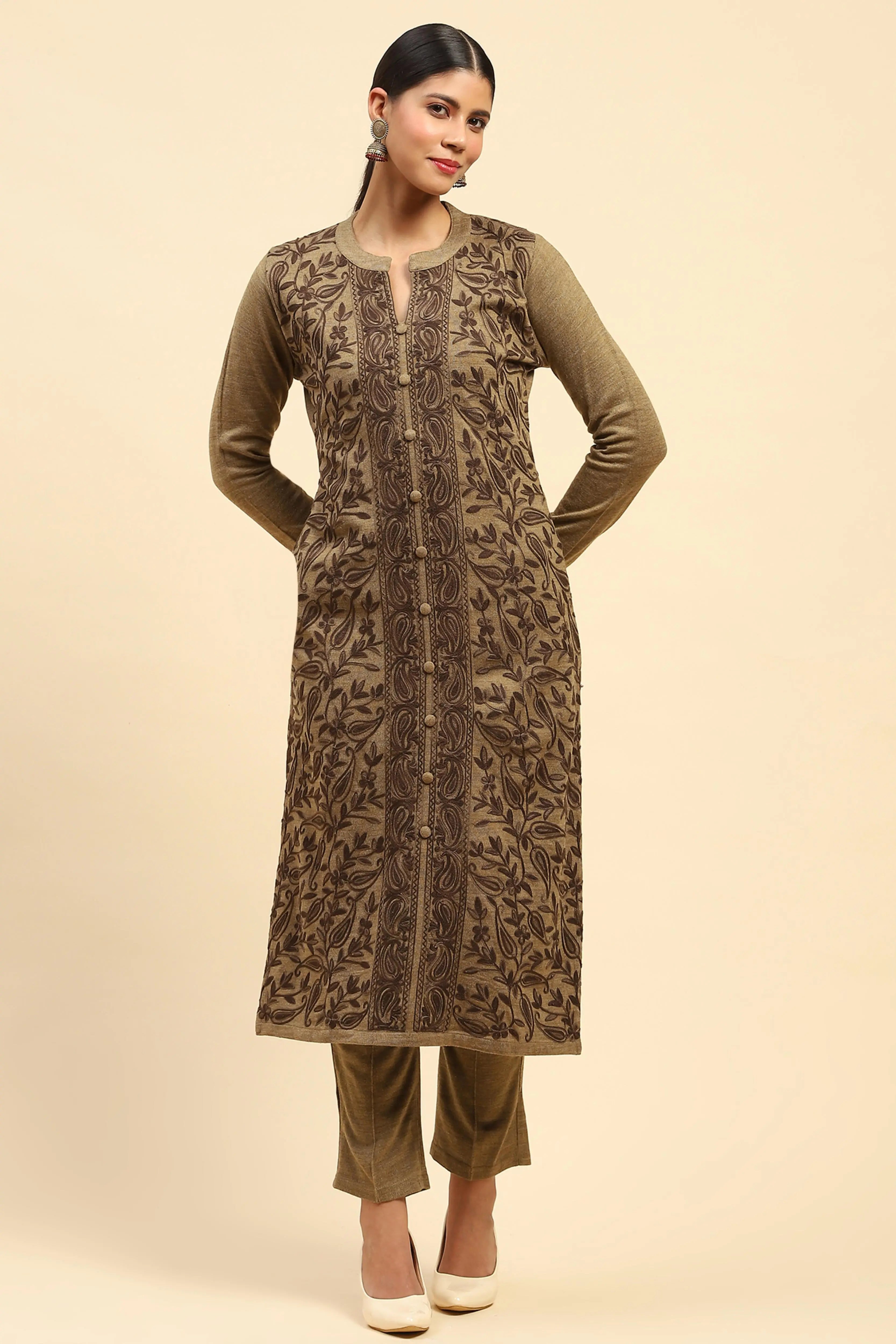 Beige Woolen Embroidered Kurta - Global Republic