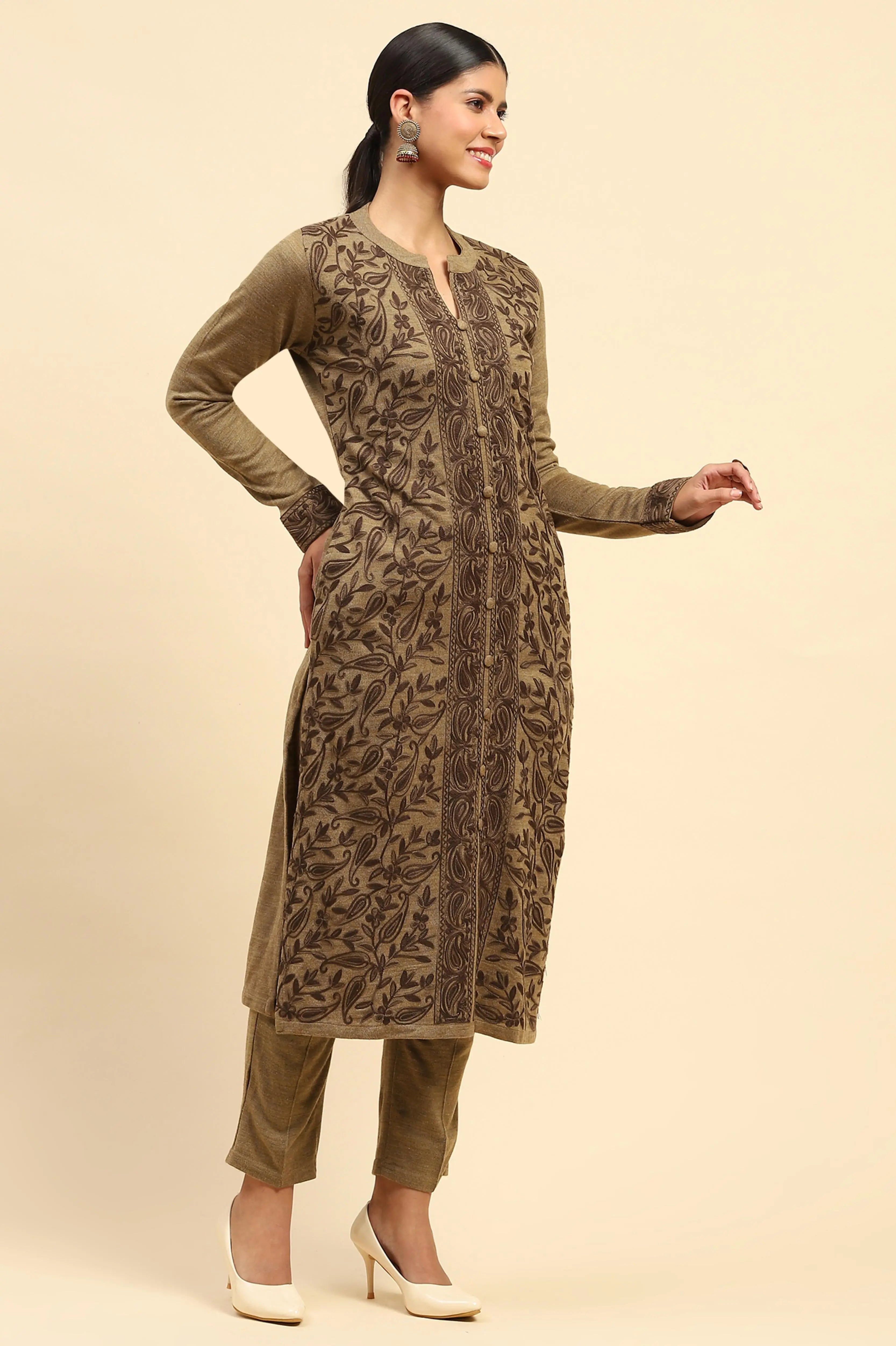 Beige Woolen Embroidered Kurta - Global Republic