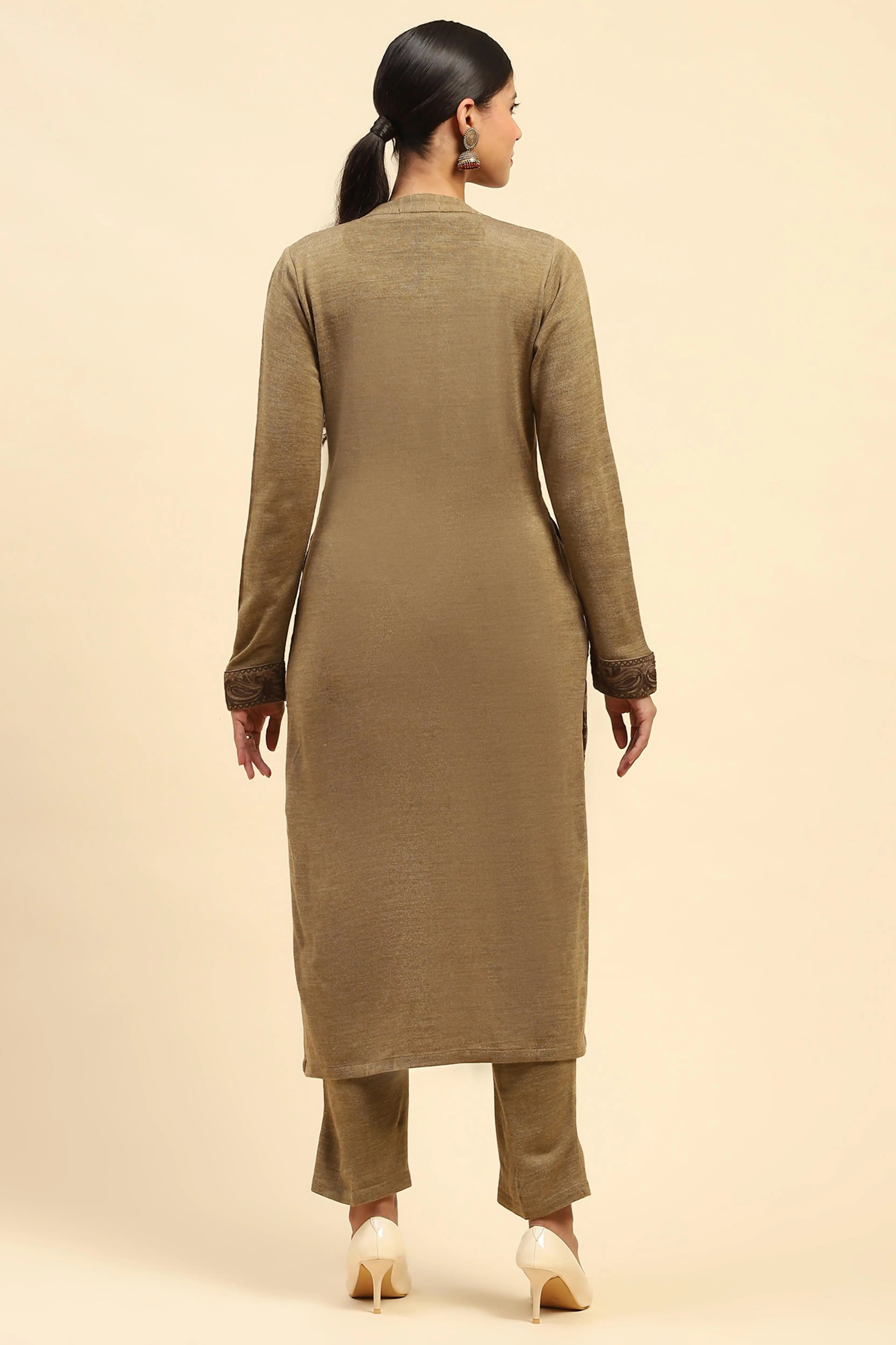 Beige Woolen Embroidered Kurta - Global Republic