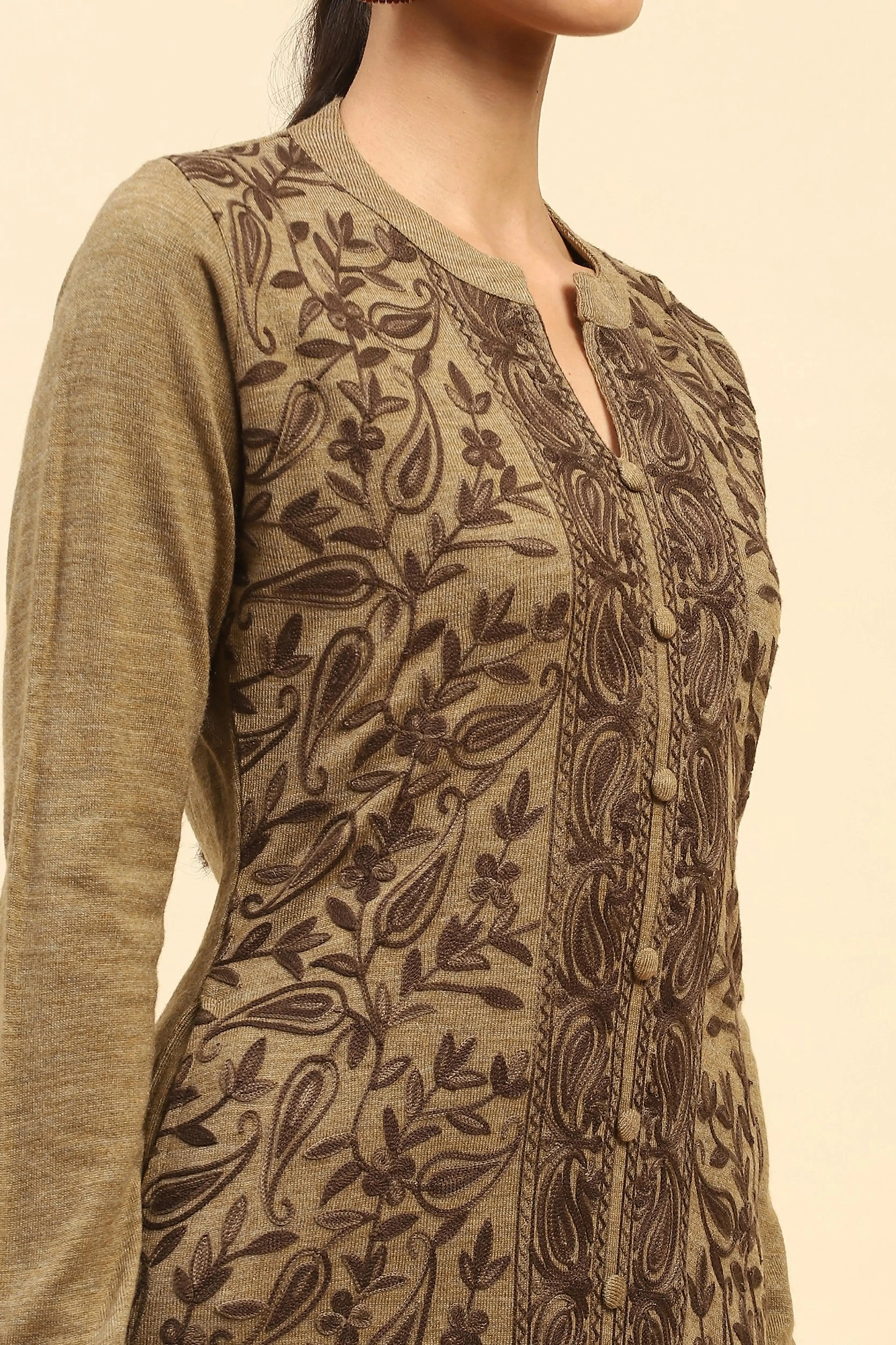 Beige Woolen Embroidered Kurta - Global Republic