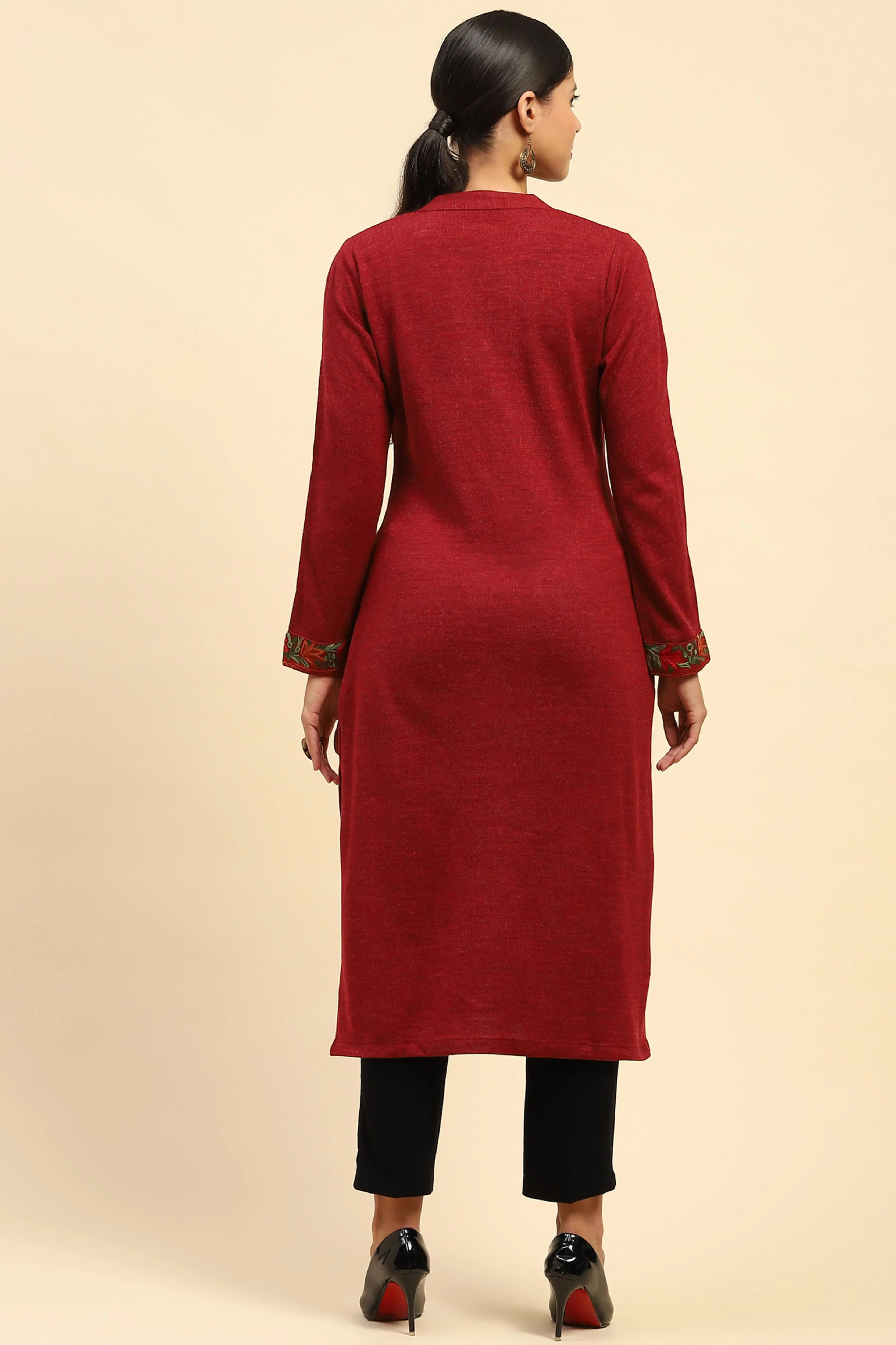 Rust Woolen Embroidered Kurta - Global Republic