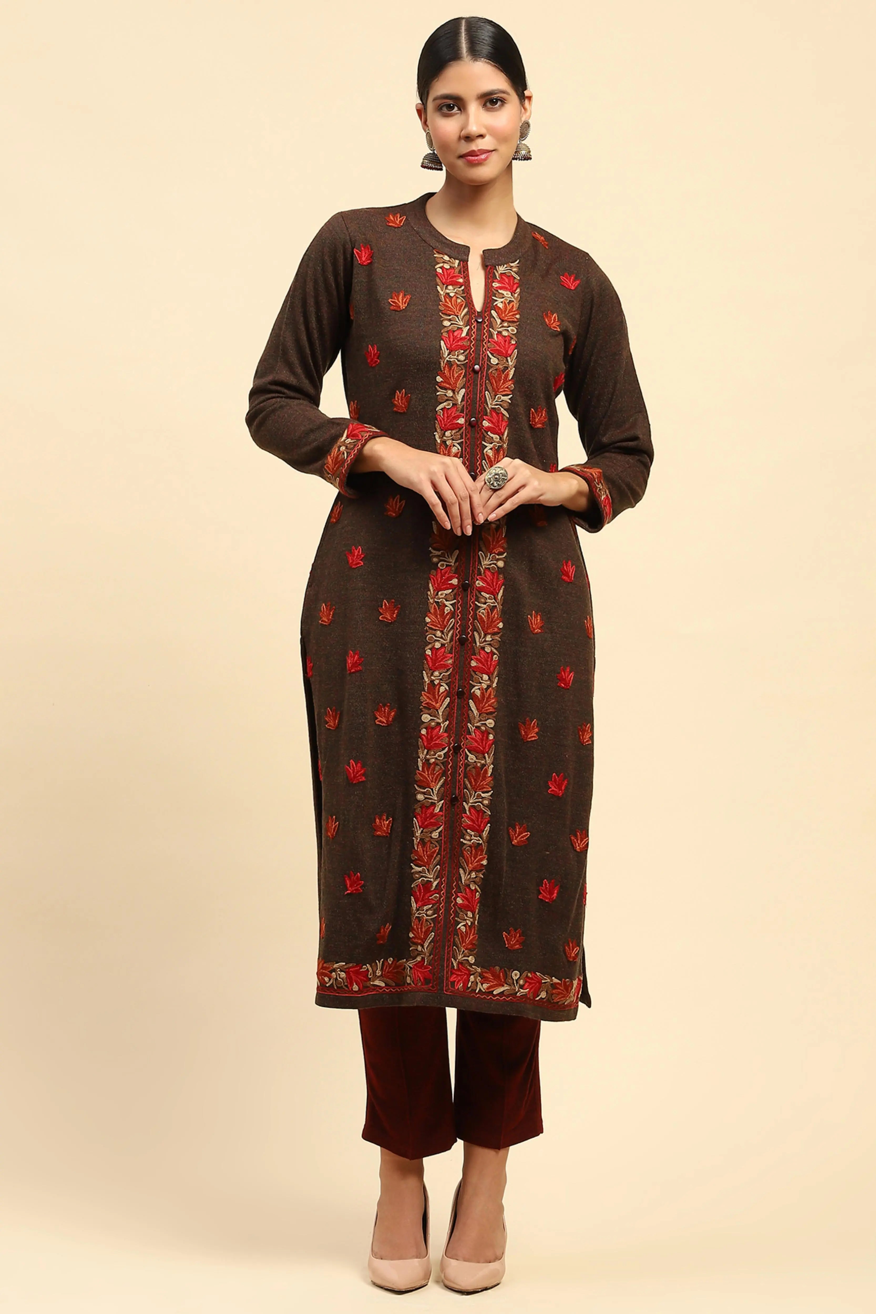 Dark Rust Woolen Embroidered kurta - Global Republic