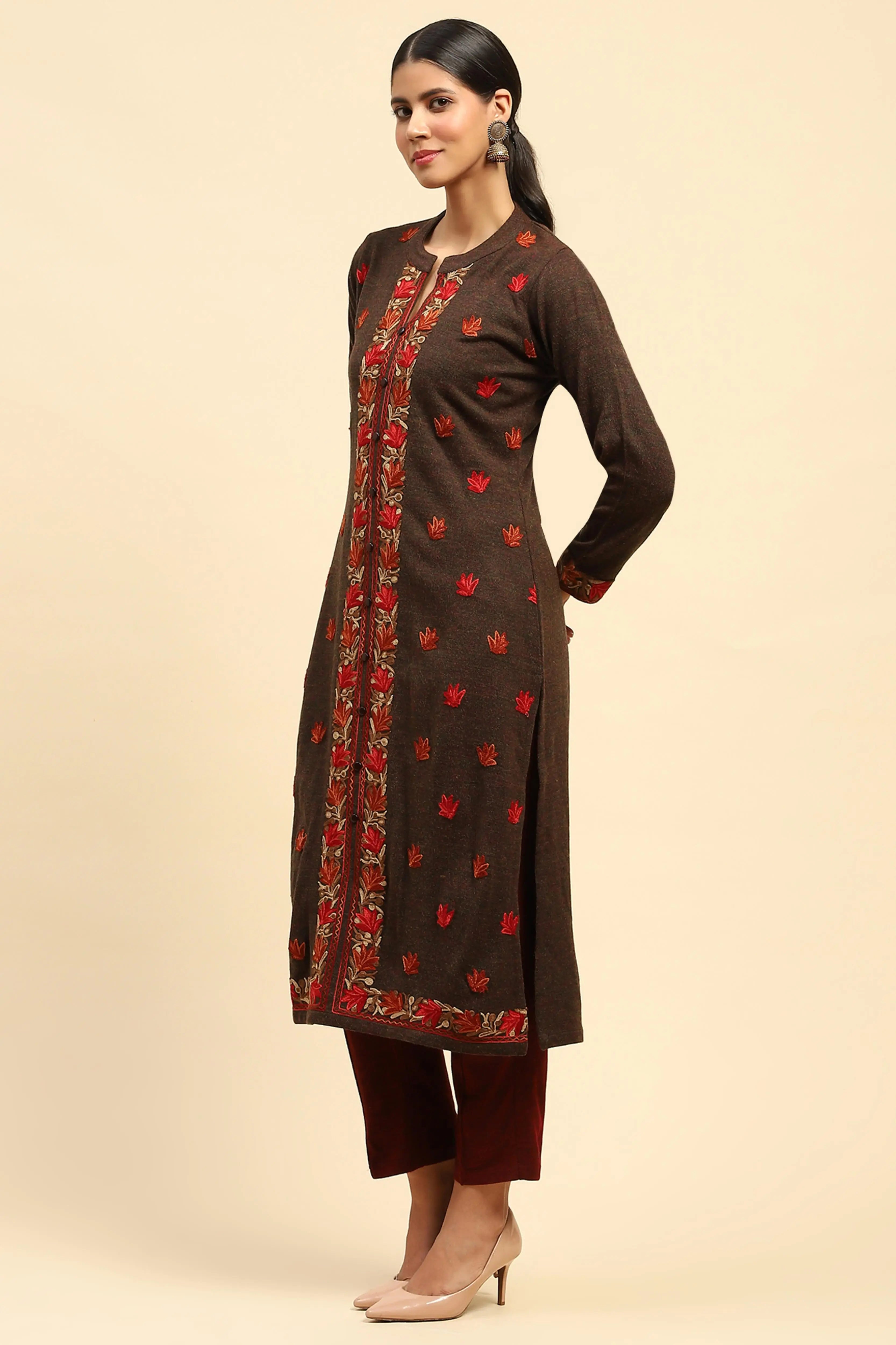 Dark Rust Woolen Embroidered kurta - Global Republic
