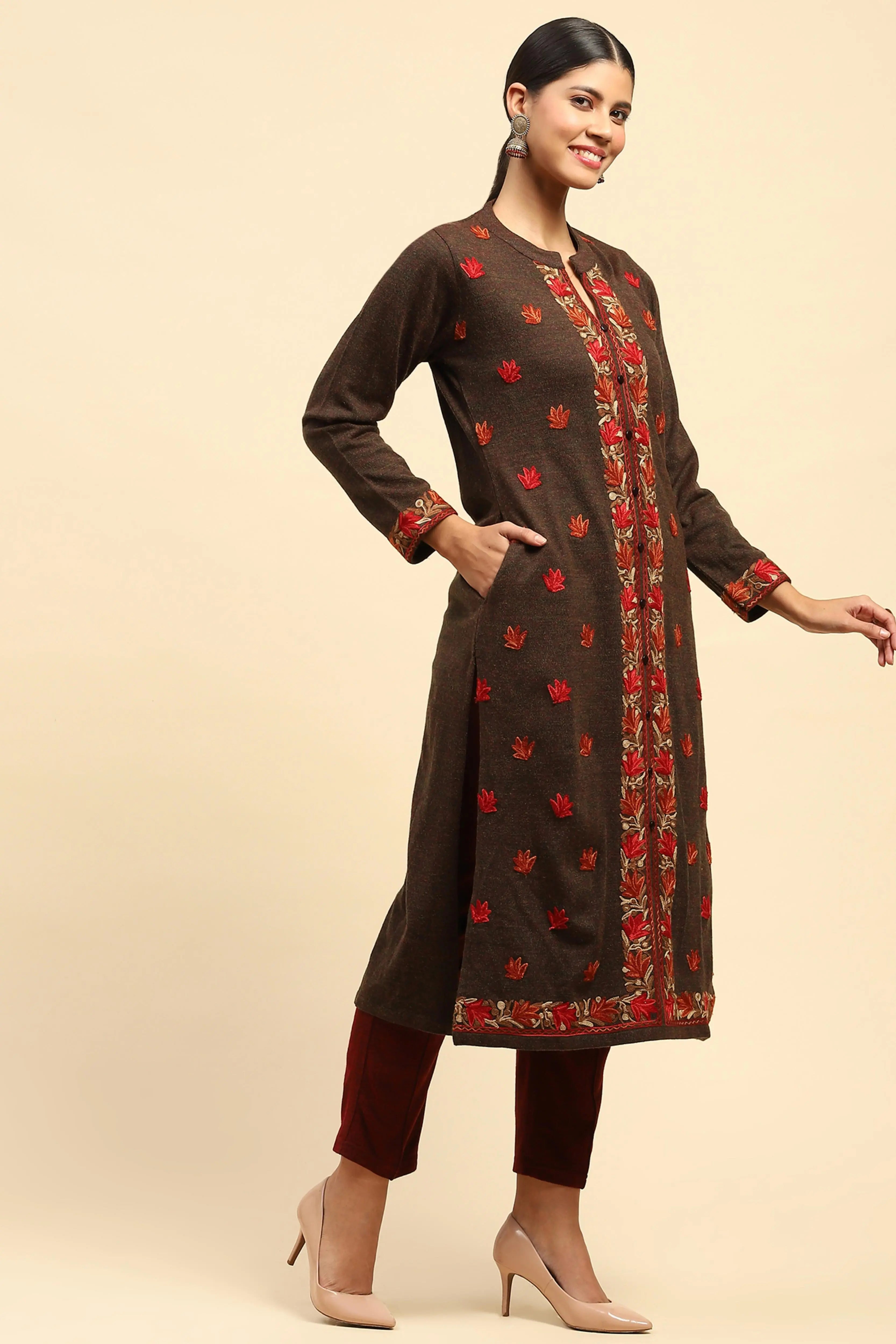 Dark Rust Woolen Embroidered kurta - Global Republic