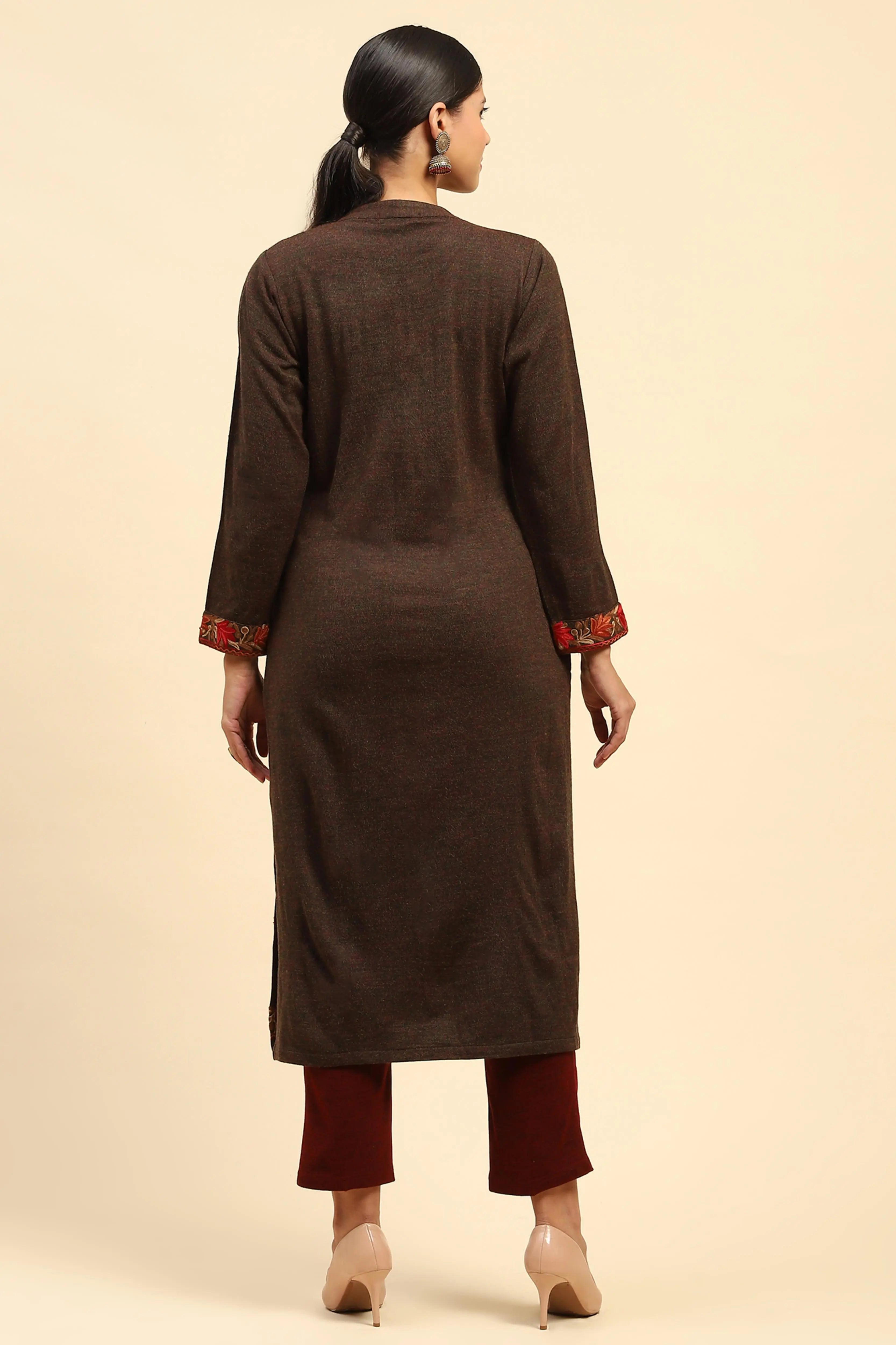Dark Rust Woolen Embroidered kurta - Global Republic