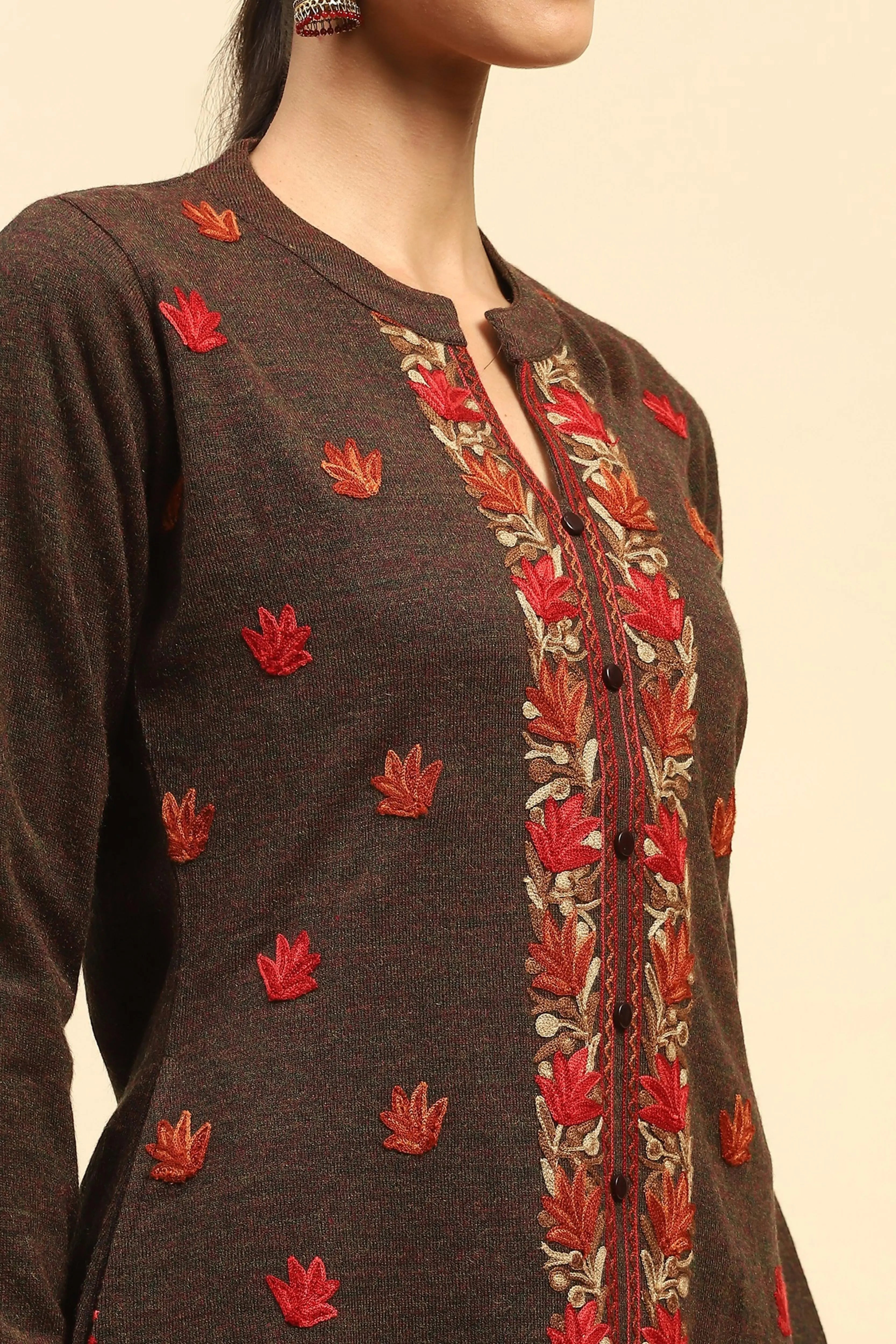 Dark Rust Woolen Embroidered kurta - Global Republic
