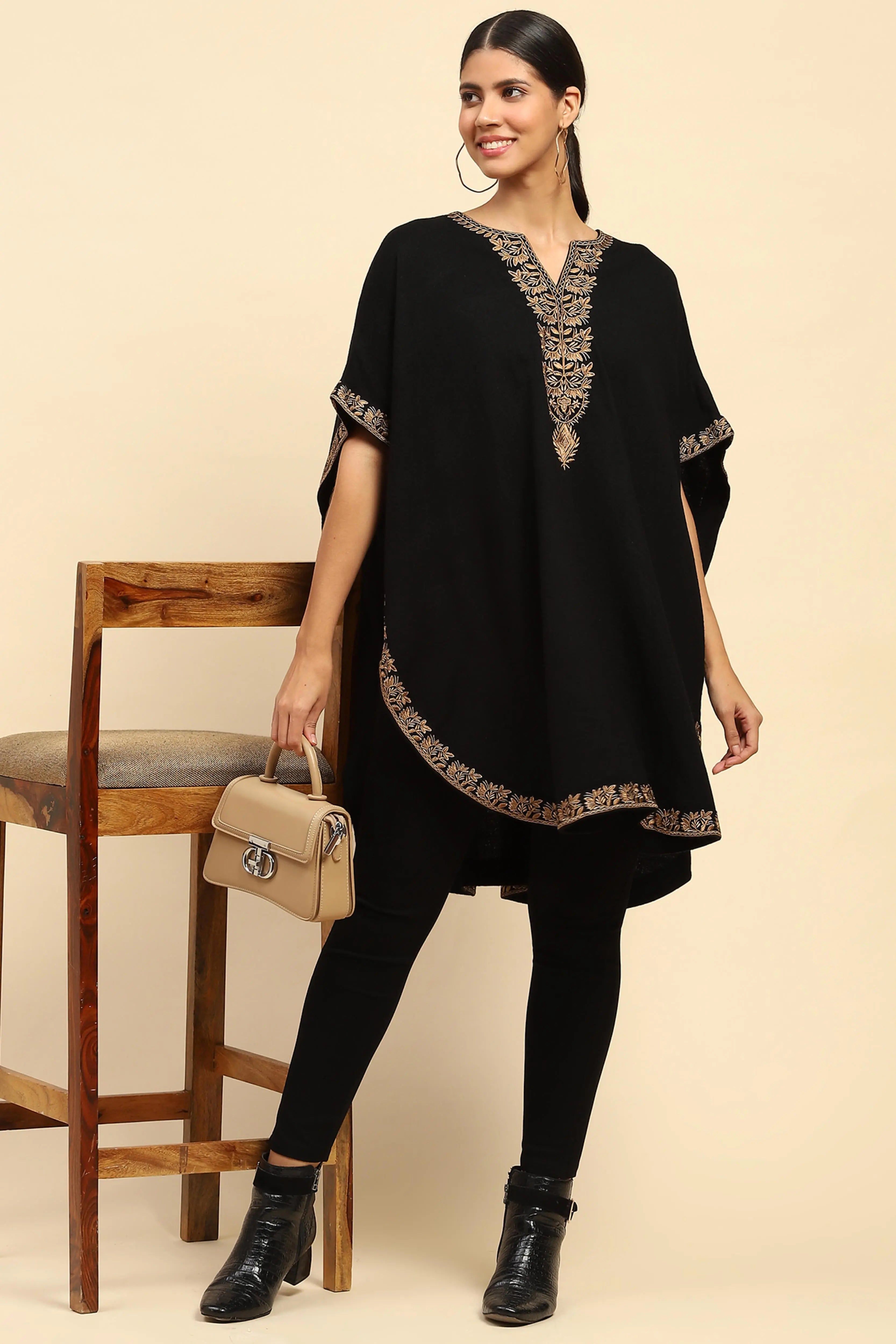 Black Woolen Embroidered Cape