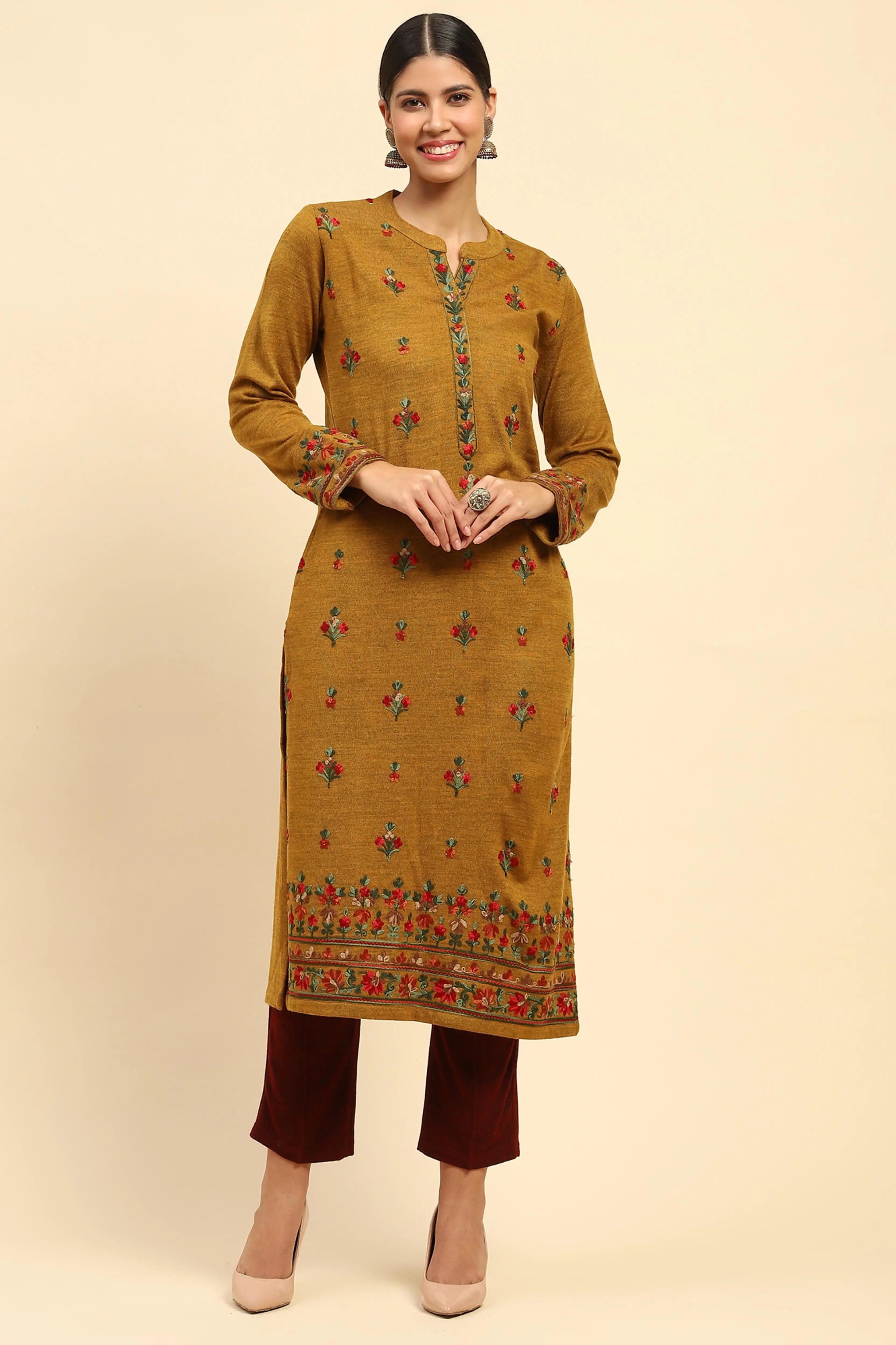 Mustard Woolen Thread Embroidered Notch Neck Kurta - Global Republic