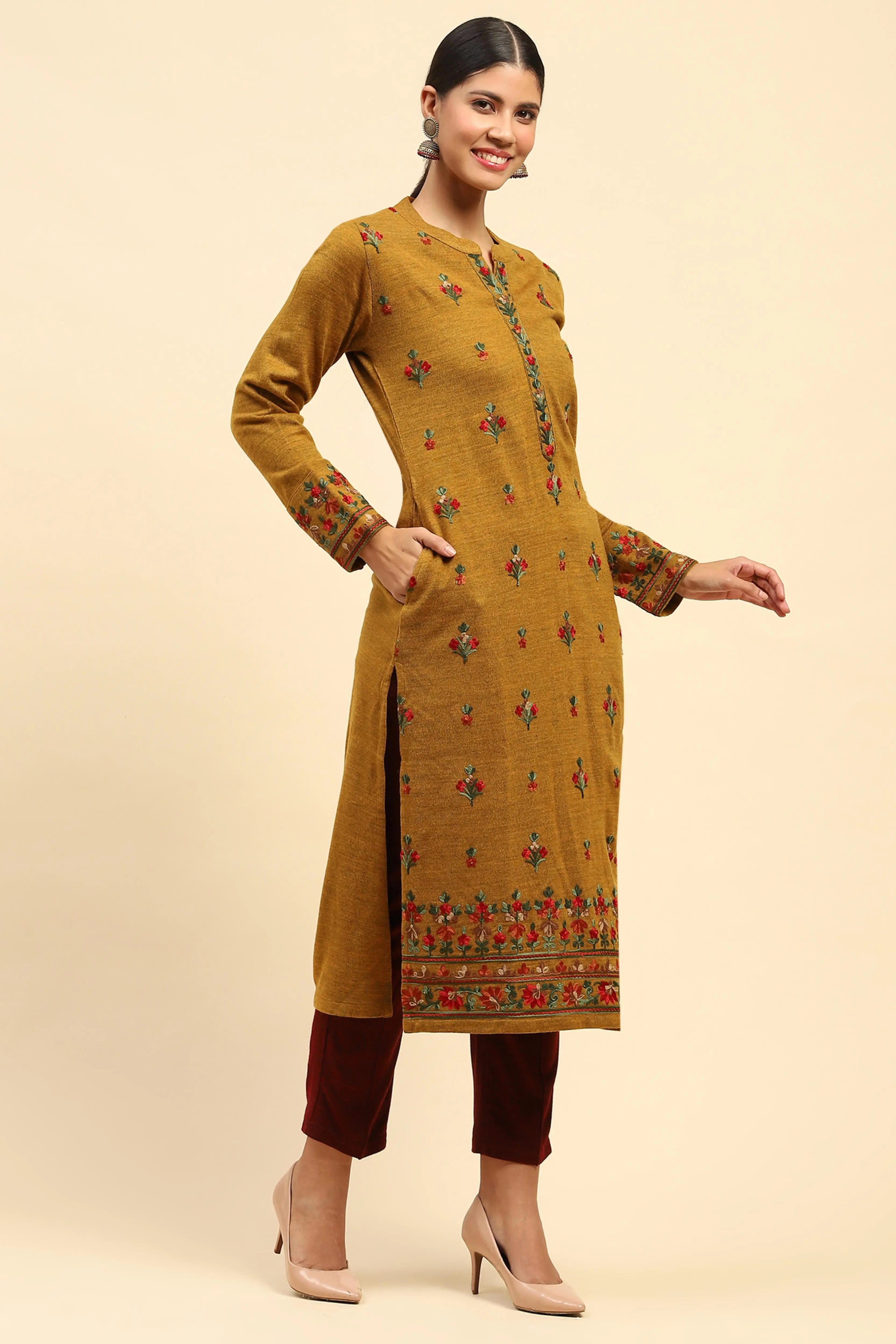 Mustard Woolen Thread Embroidered Notch Neck Kurta - Global Republic