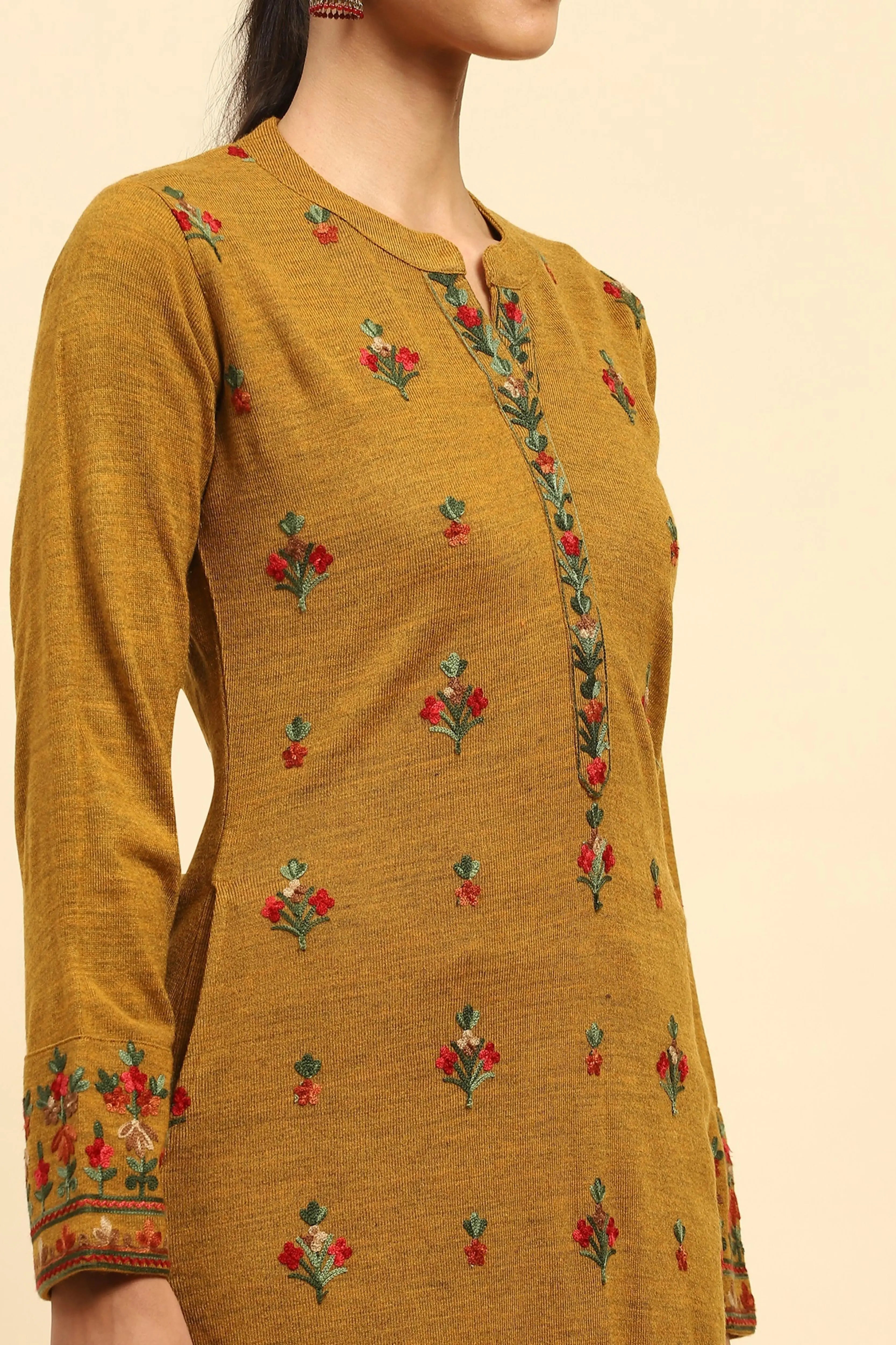 Mustard Woolen Thread Embroidered Notch Neck Kurta - Global Republic