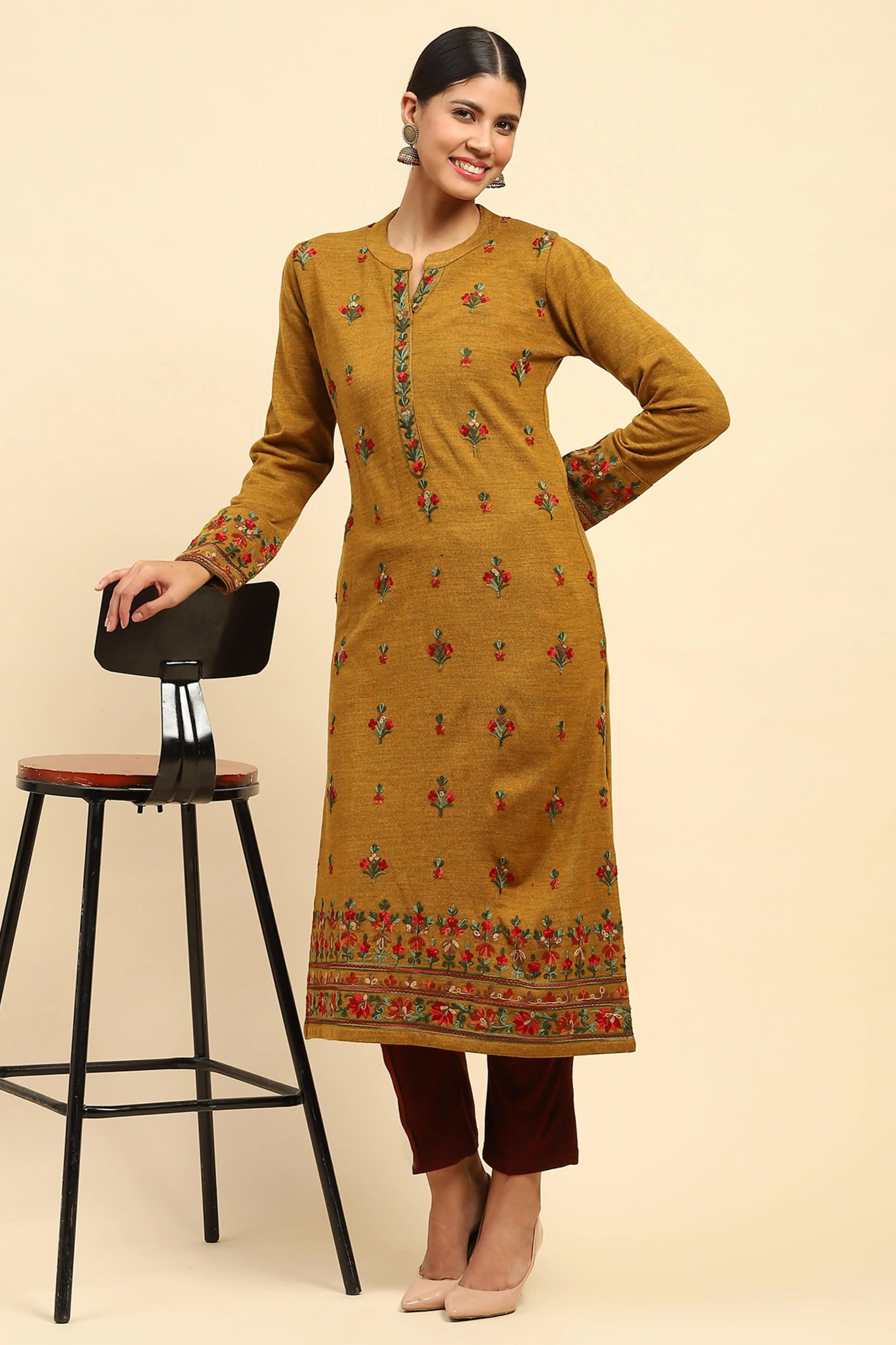 Mustard Woolen Thread Embroidered Notch Neck Kurta - Global Republic