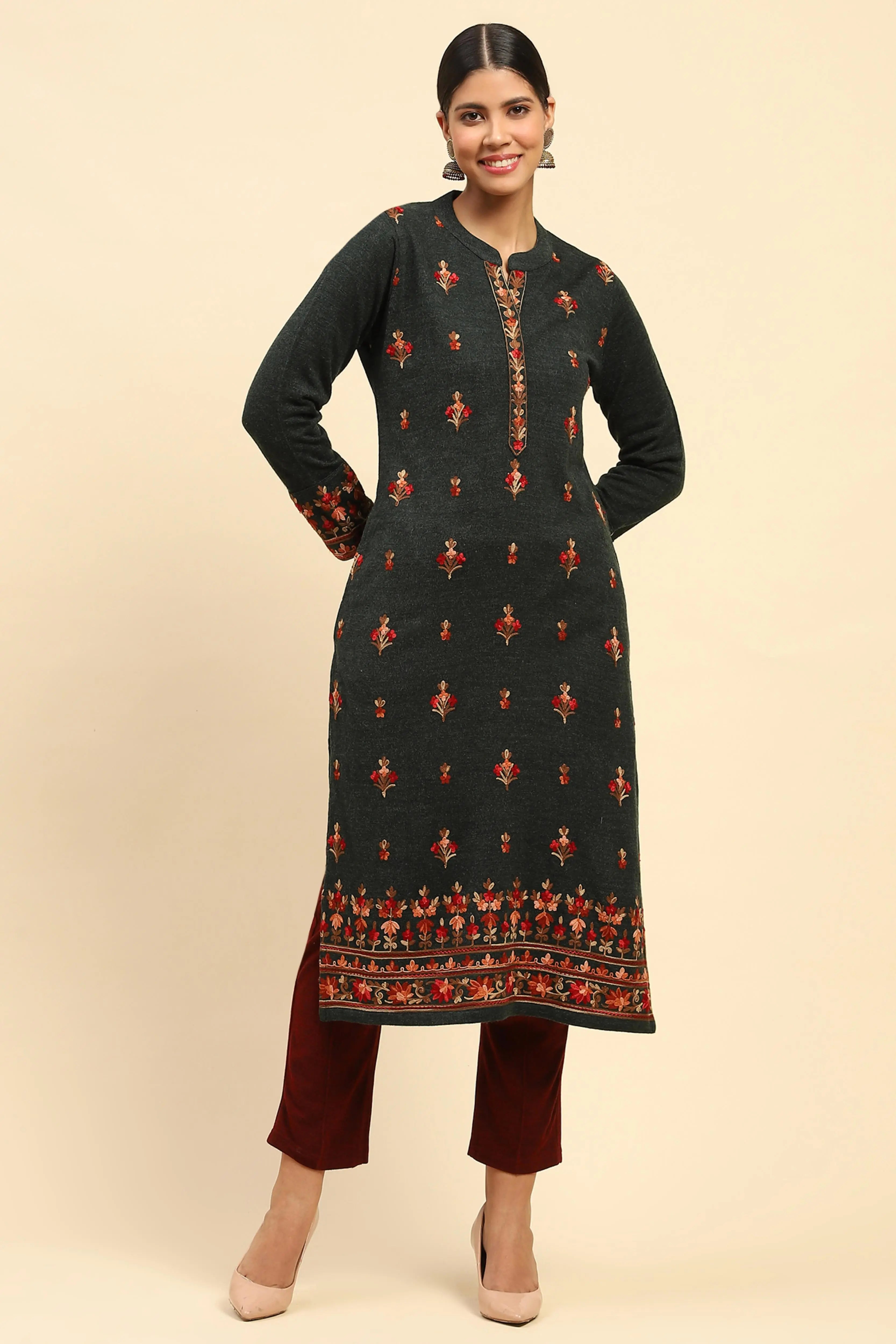 Olive WoolenThread Embroidered Kurta