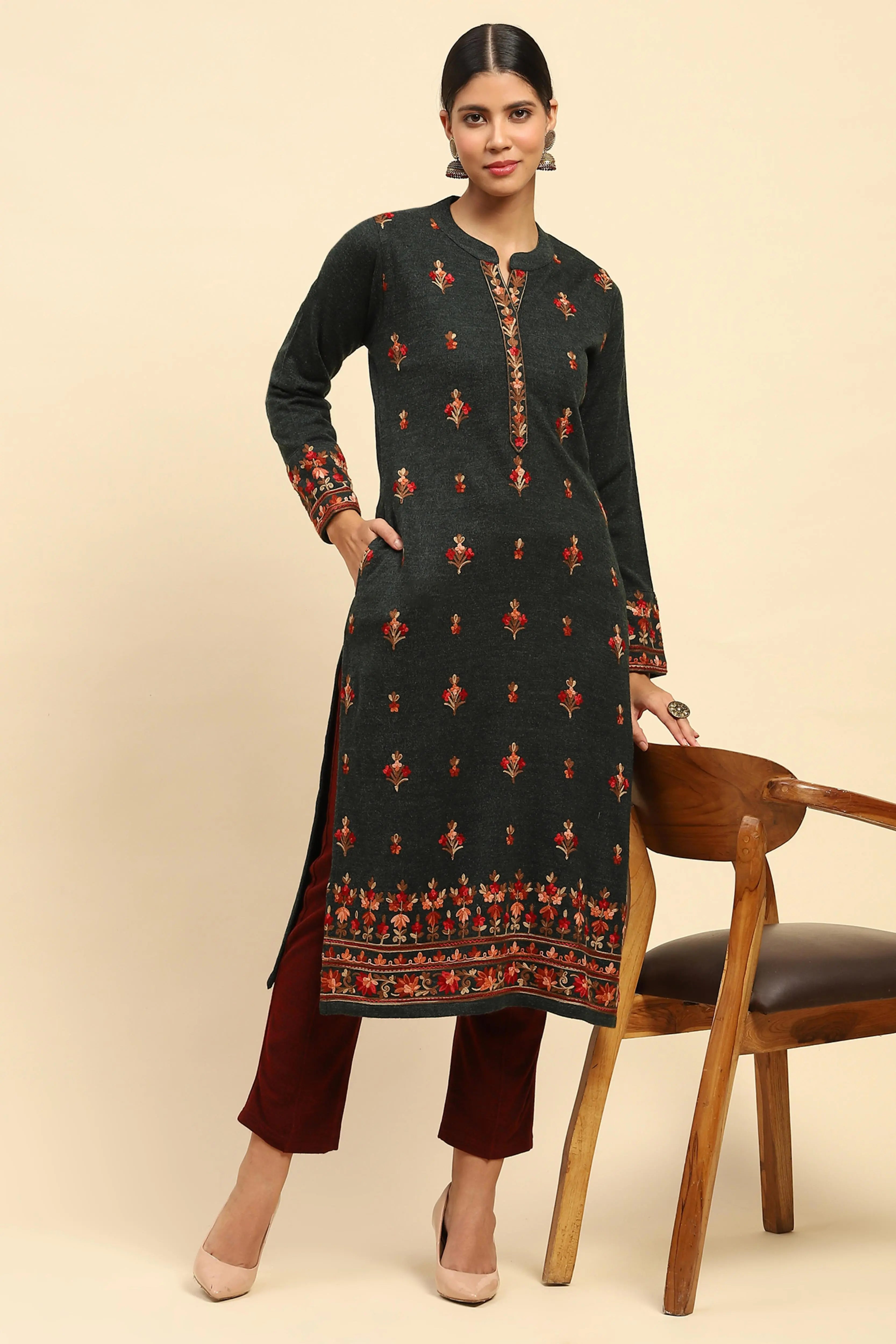 Dark Olive WoolenThread Embroidered Round Neck Kurta - Global Republic