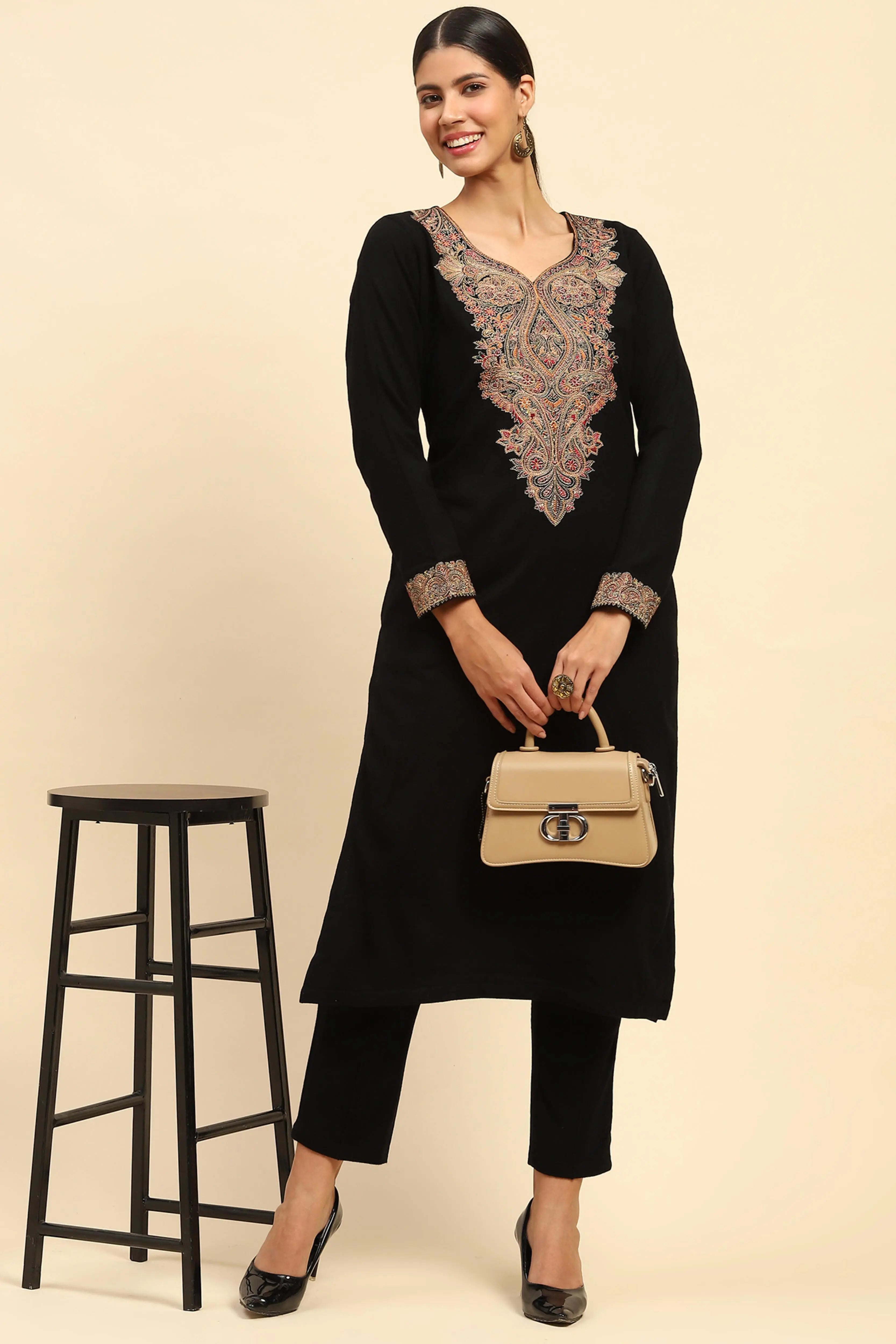 Black WoolenThread Embroidered Kurta - Global Republic