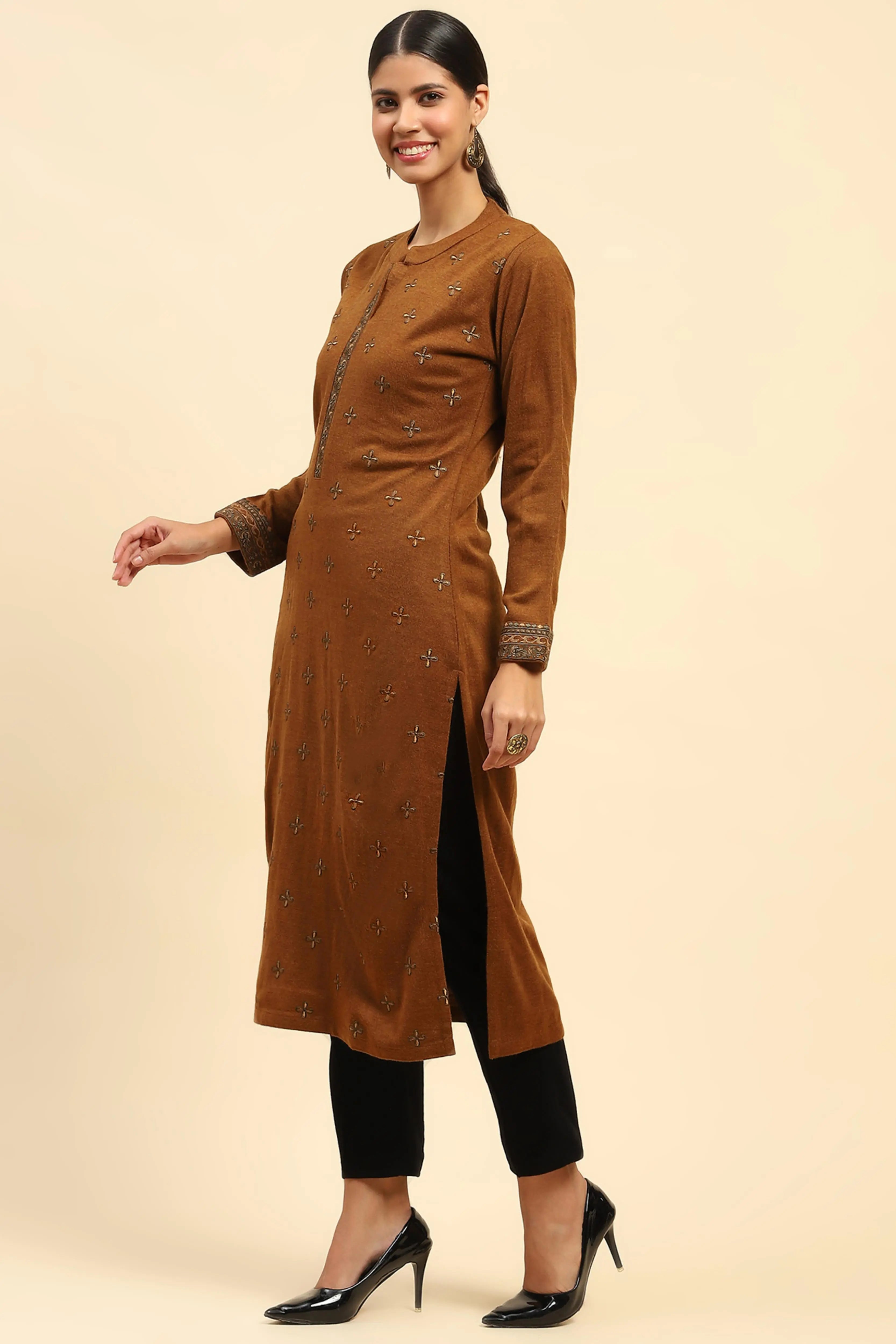 Rust Embroidered  Woolen Kurta - Global Republic