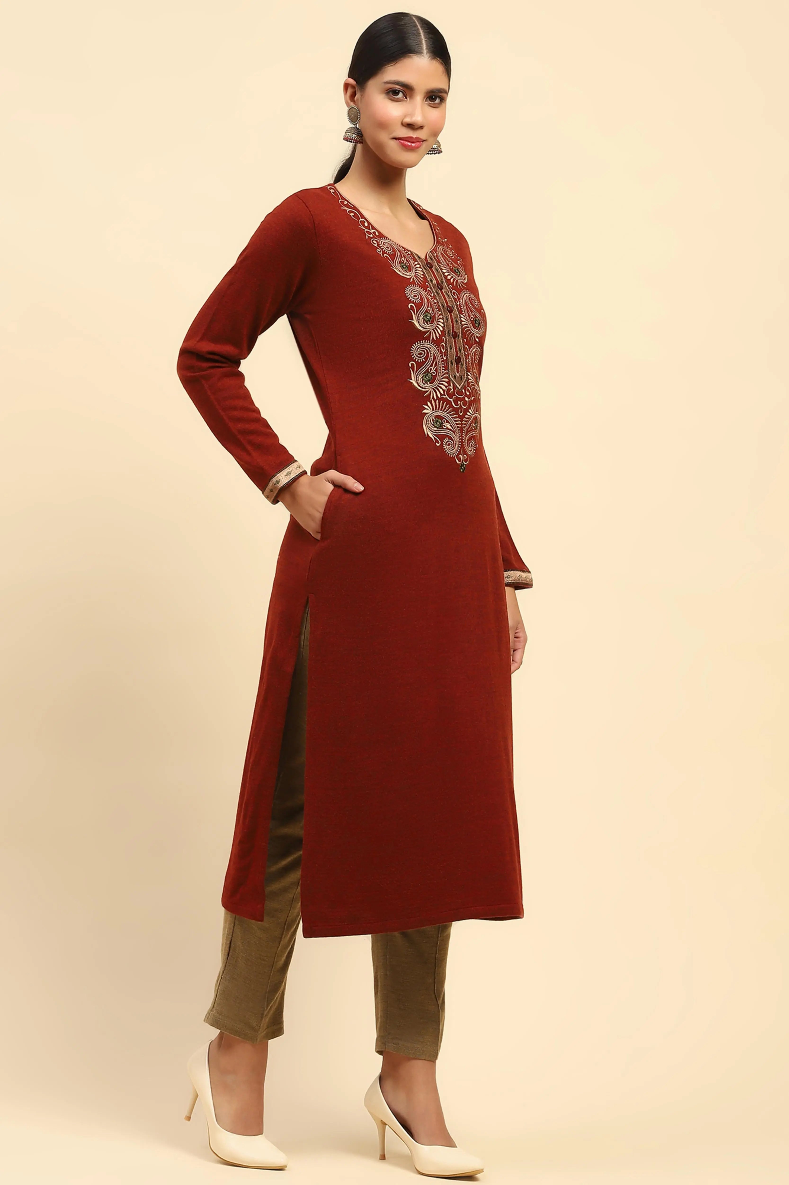 Rust Embroidered Woolen Kurta - Global Republic