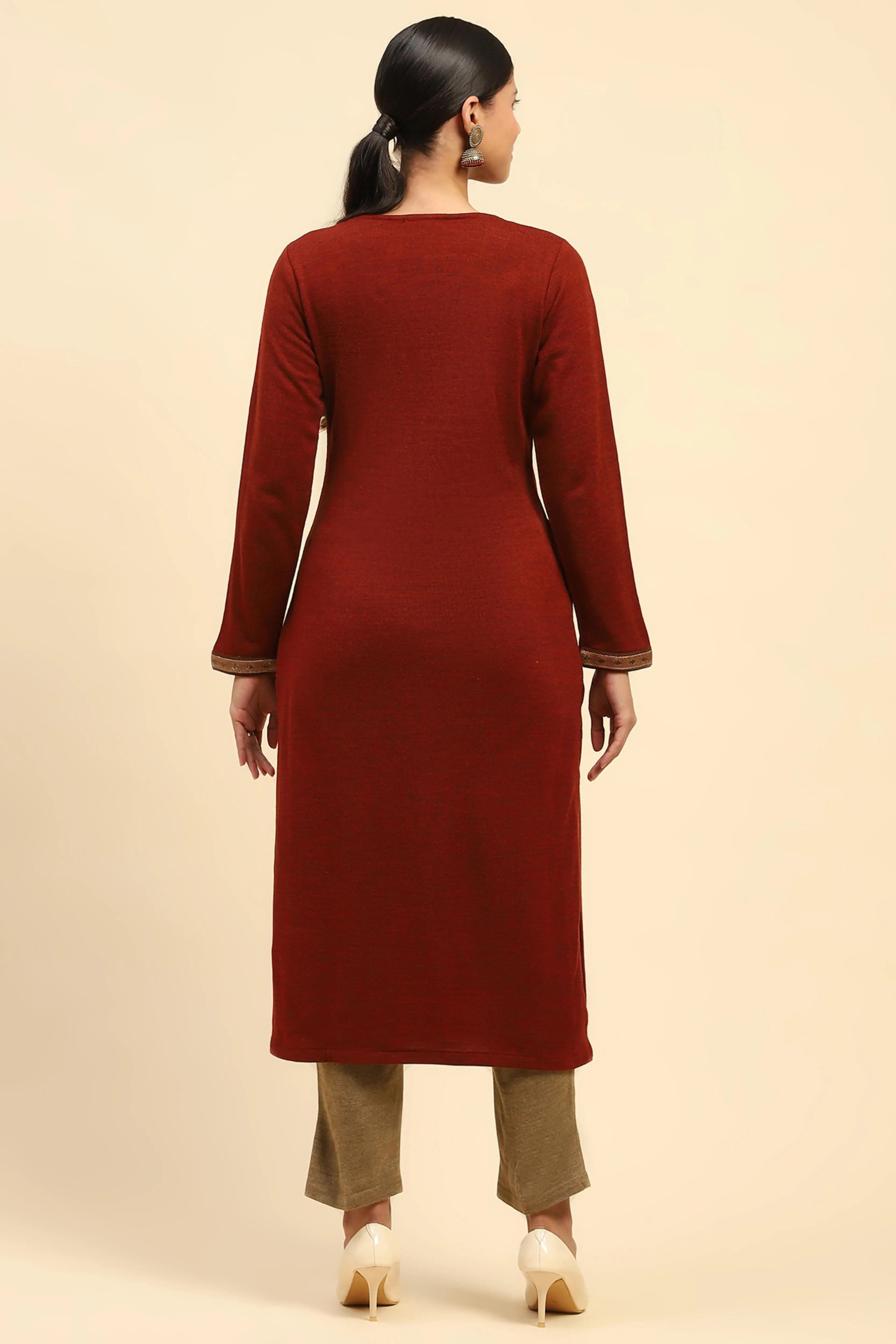 Rust Embroidered Woolen Kurta - Global Republic