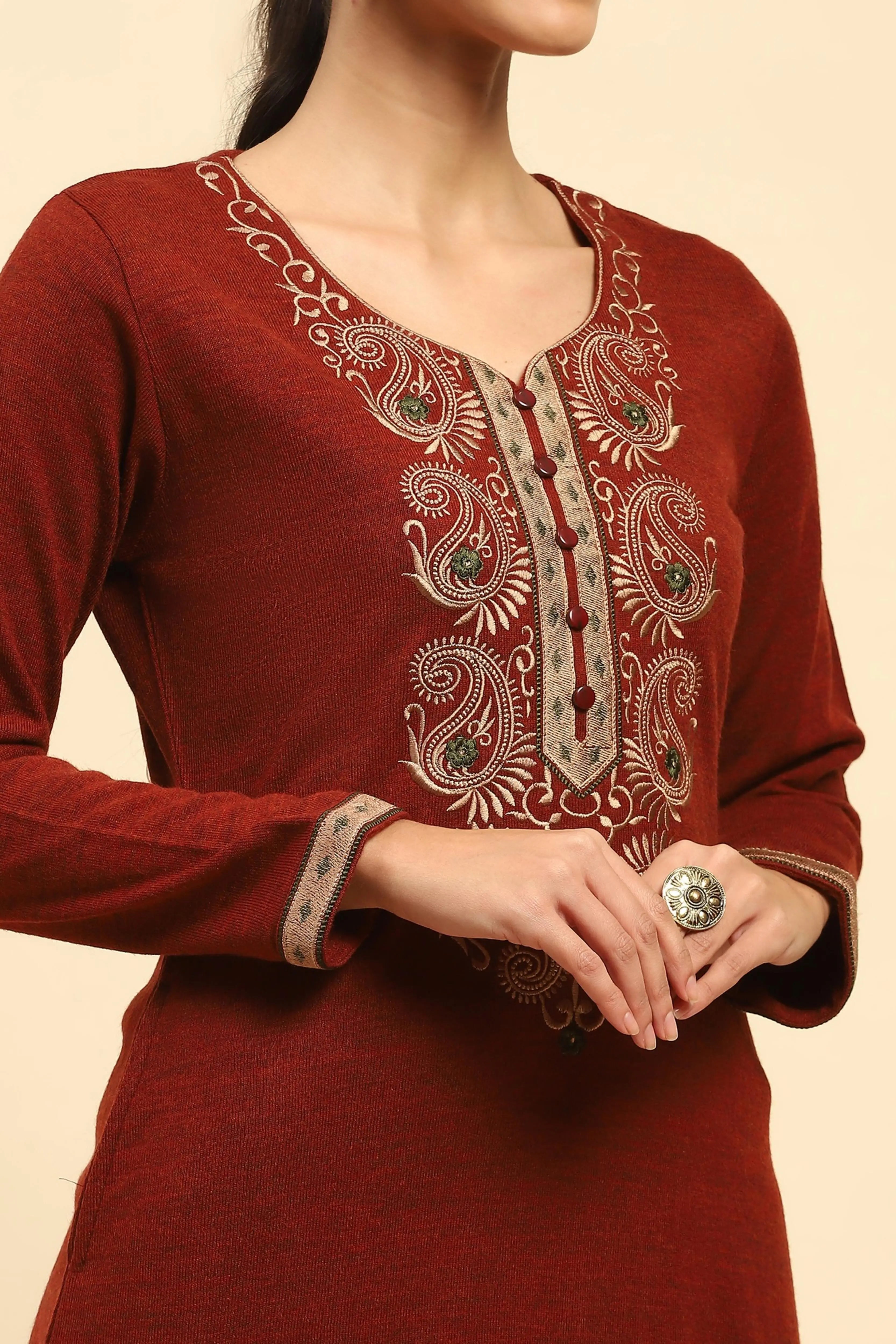 Rust Embroidered Woolen Kurta - Global Republic