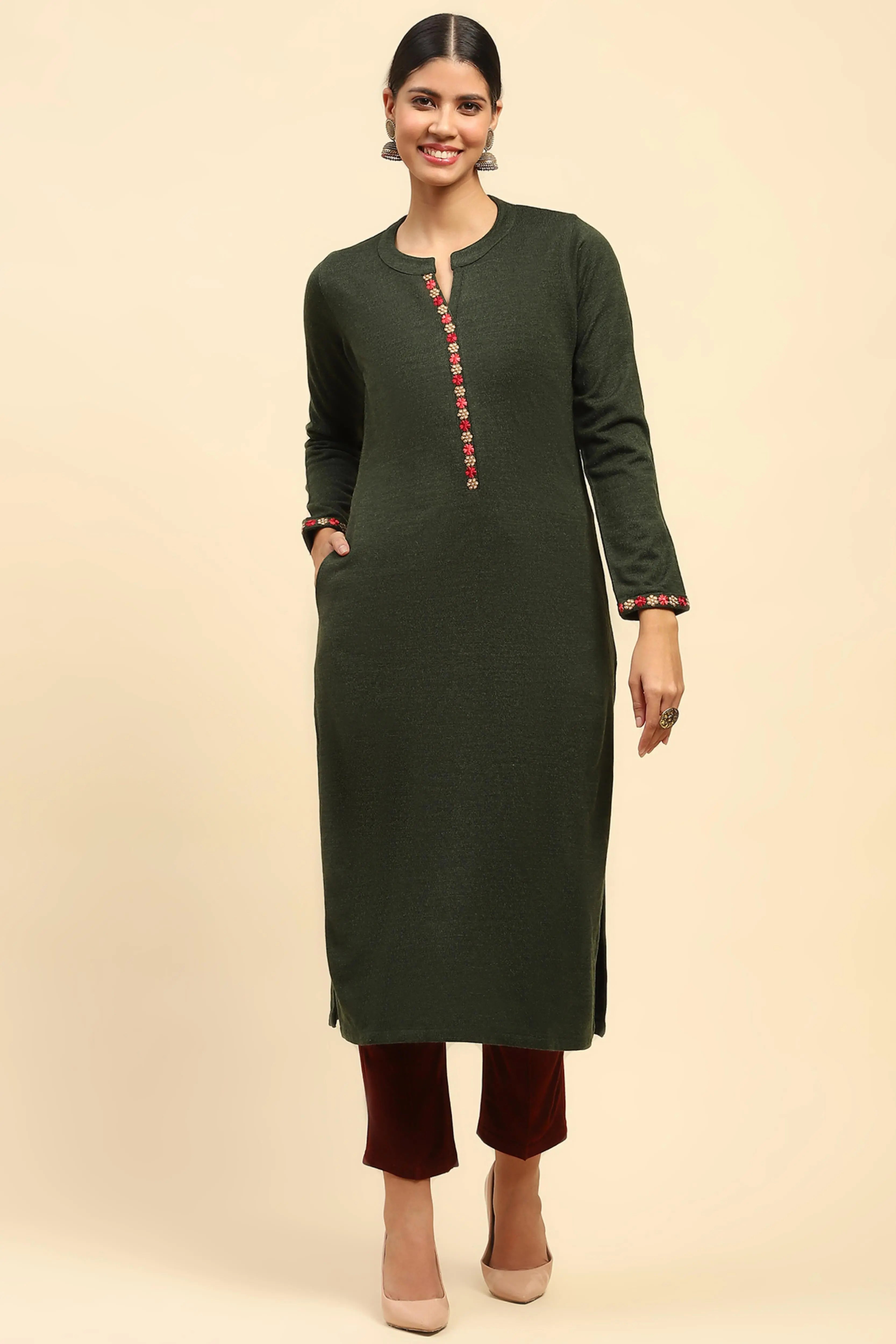 Olive Woolen Embroidered Kurta - Global Republic