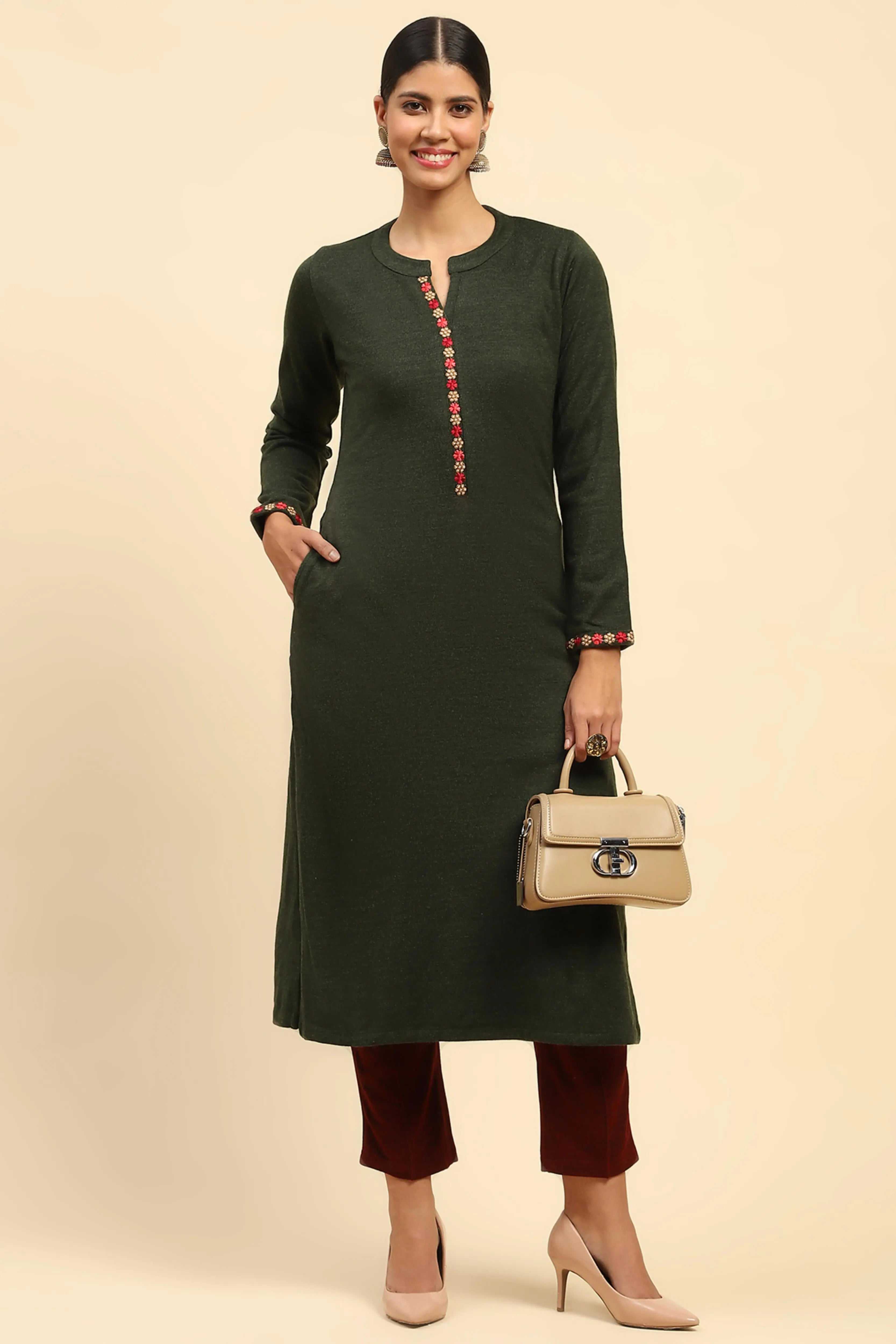 Olive Woolen Embroidered Kurta - Global Republic