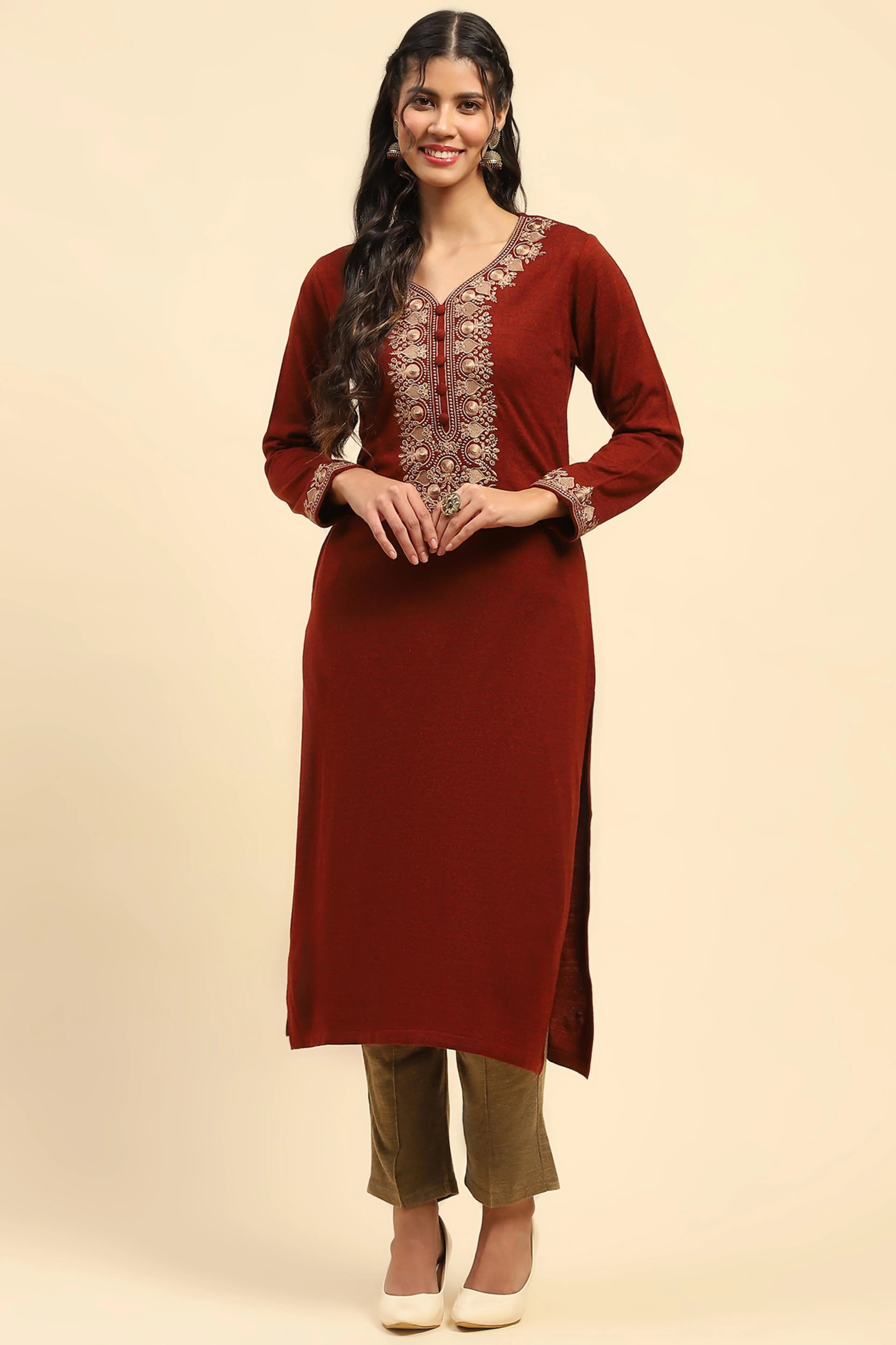 Rust Woolen Thread Embroidered V-Neck Kurta - Global Republic