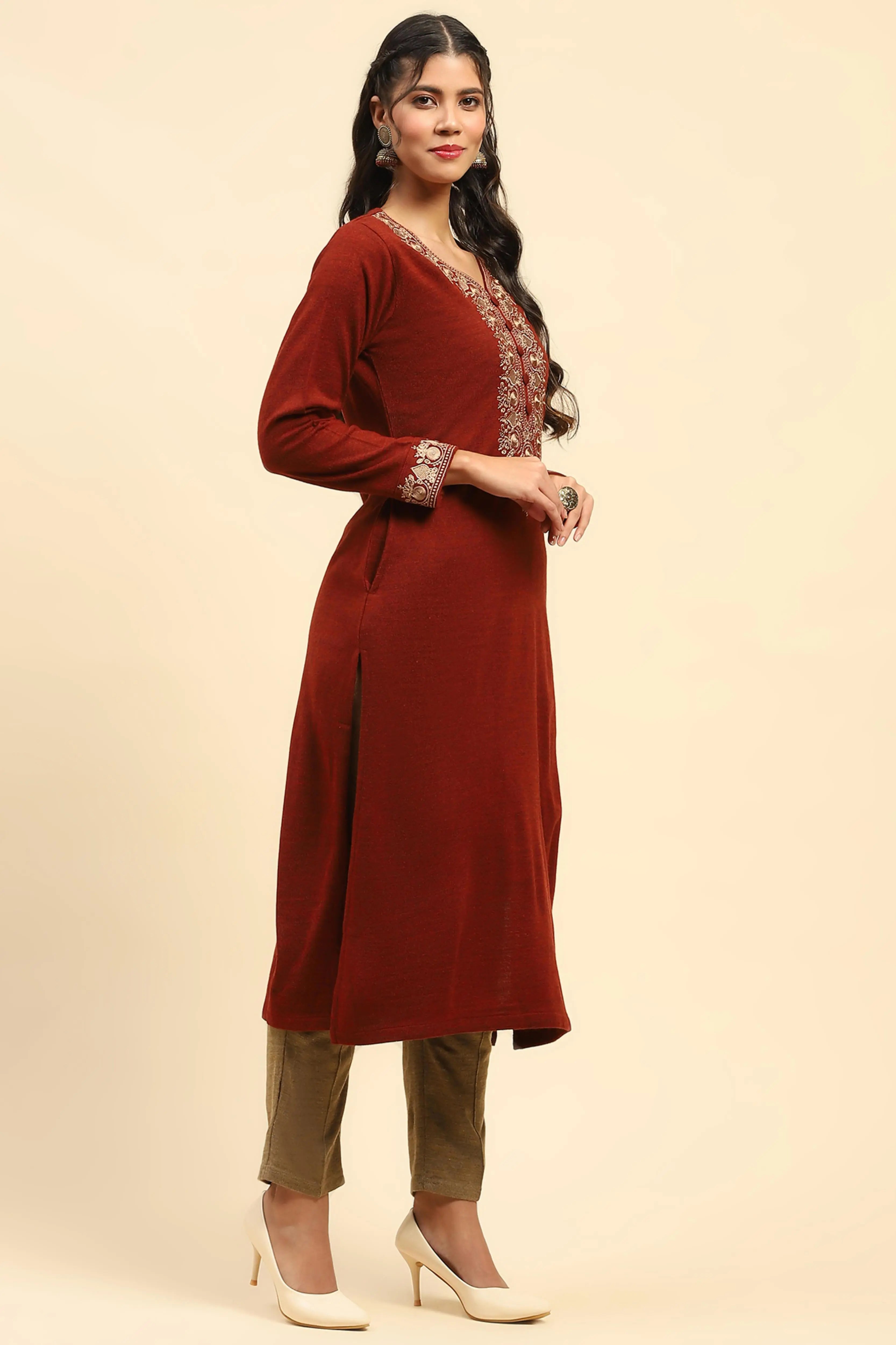 Rust Woolen Thread Embroidered V-Neck Kurta - Global Republic