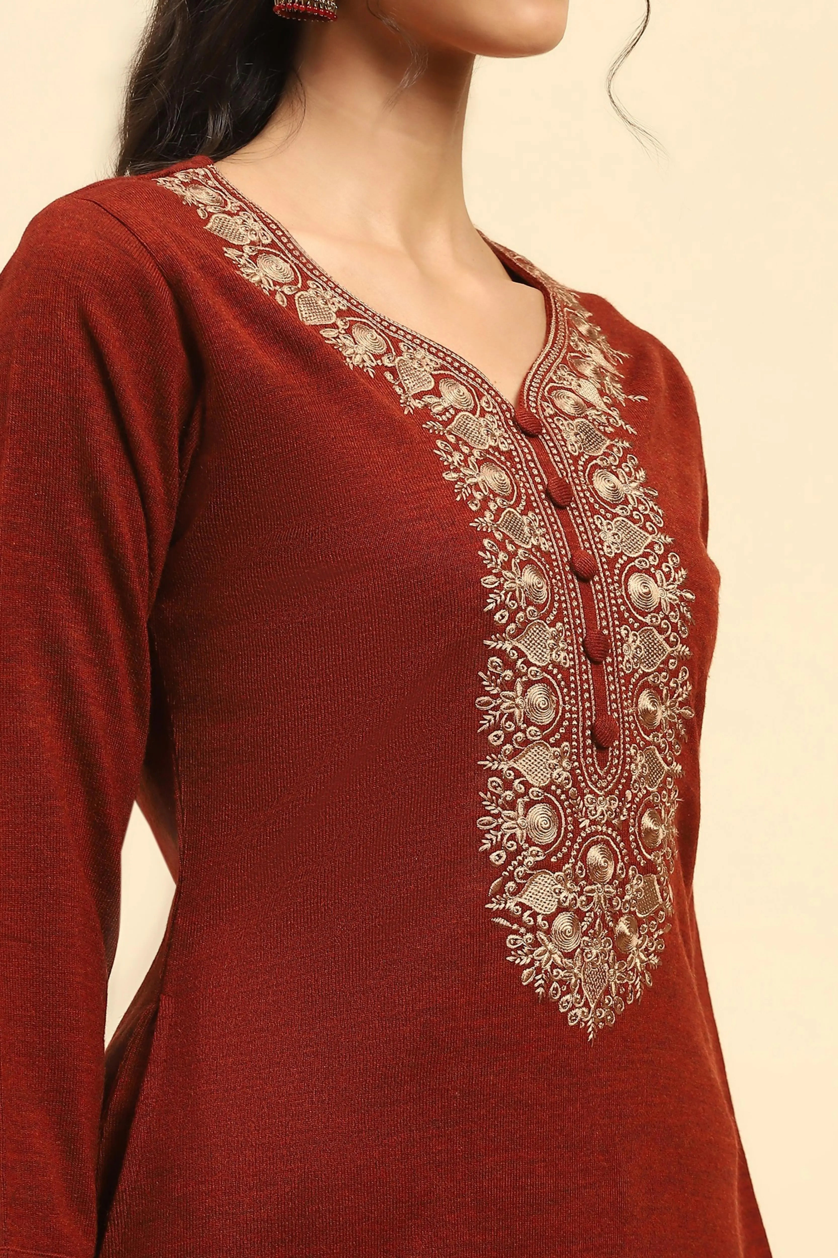 Rust Woolen Thread Embroidered V-Neck Kurta - Global Republic