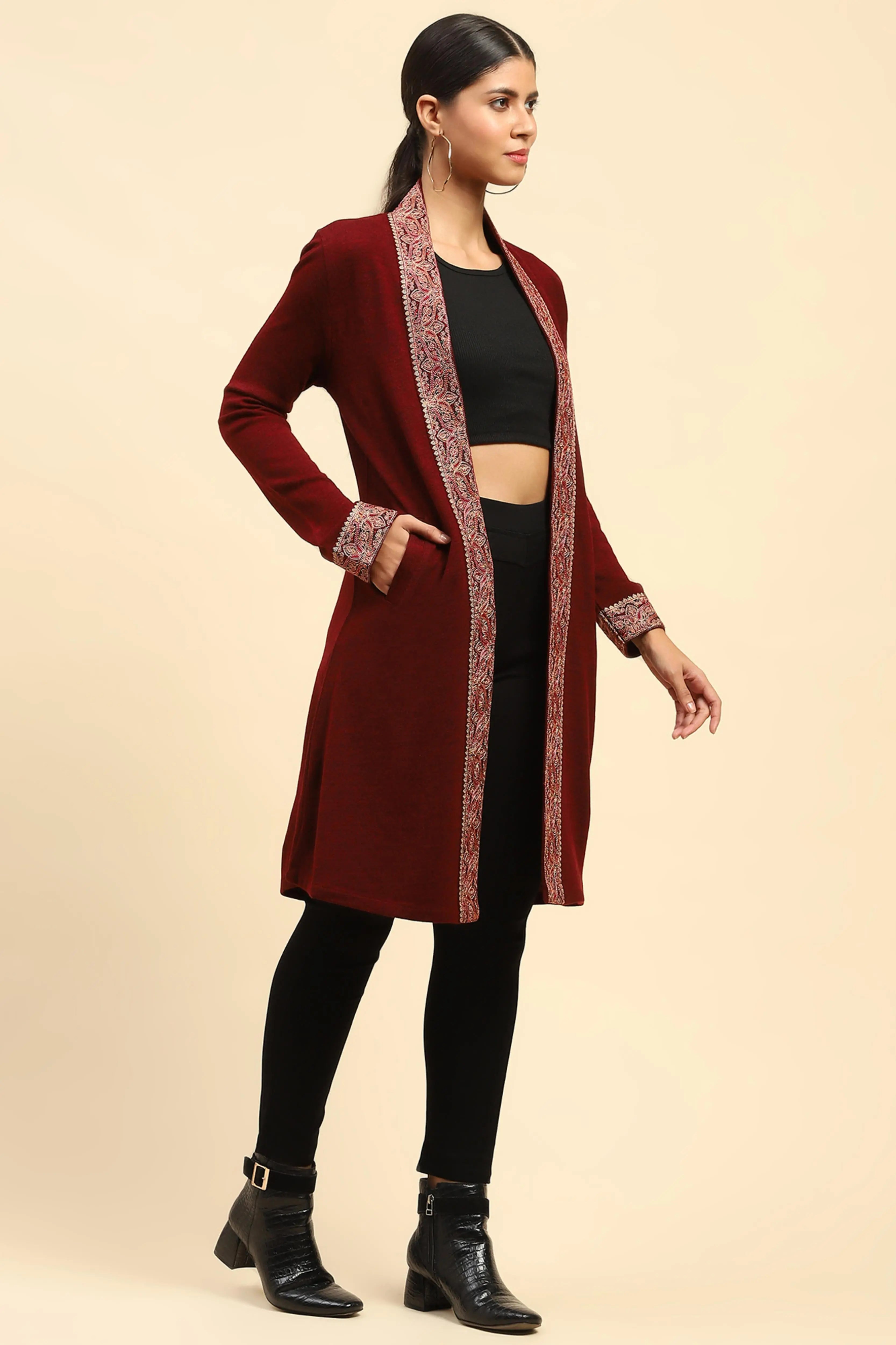 Dark Maroon WoolenThread Embroidered Front Open Ethnic Shrug - Global Republic