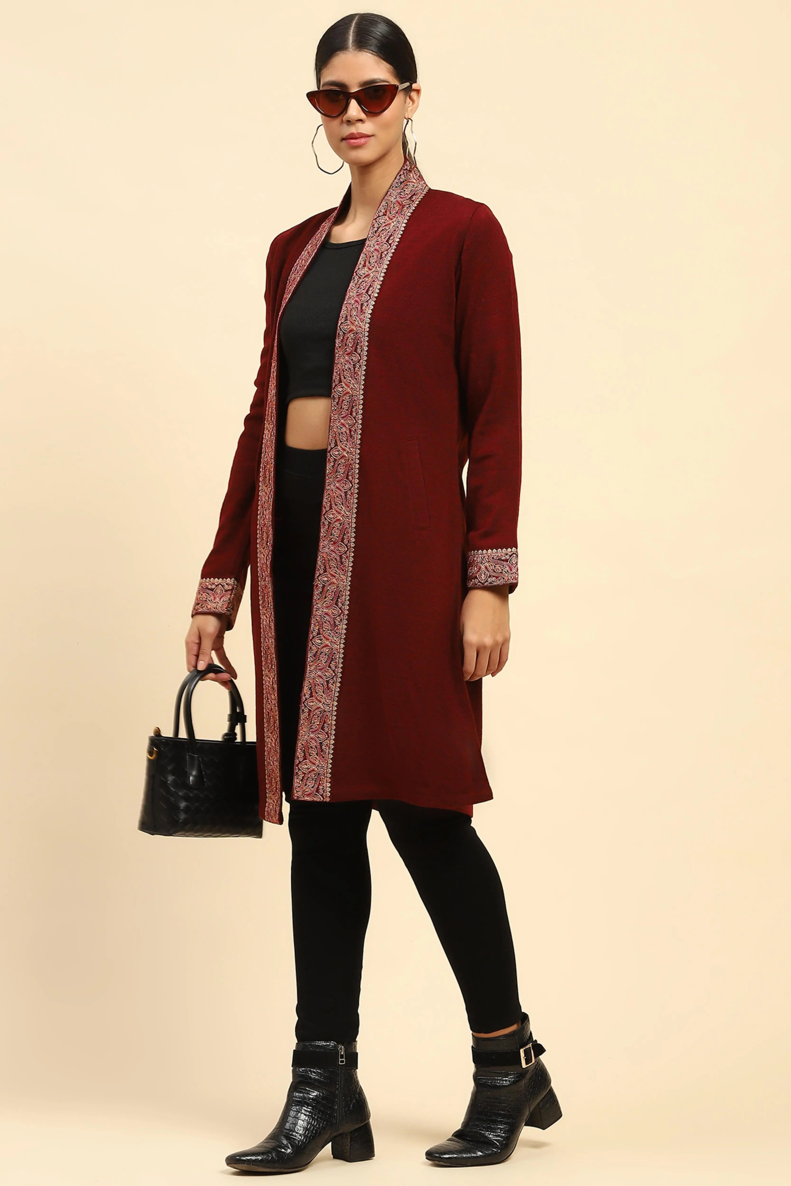 Dark Maroon WoolenThread Embroidered Front Open Ethnic Shrug - Global Republic