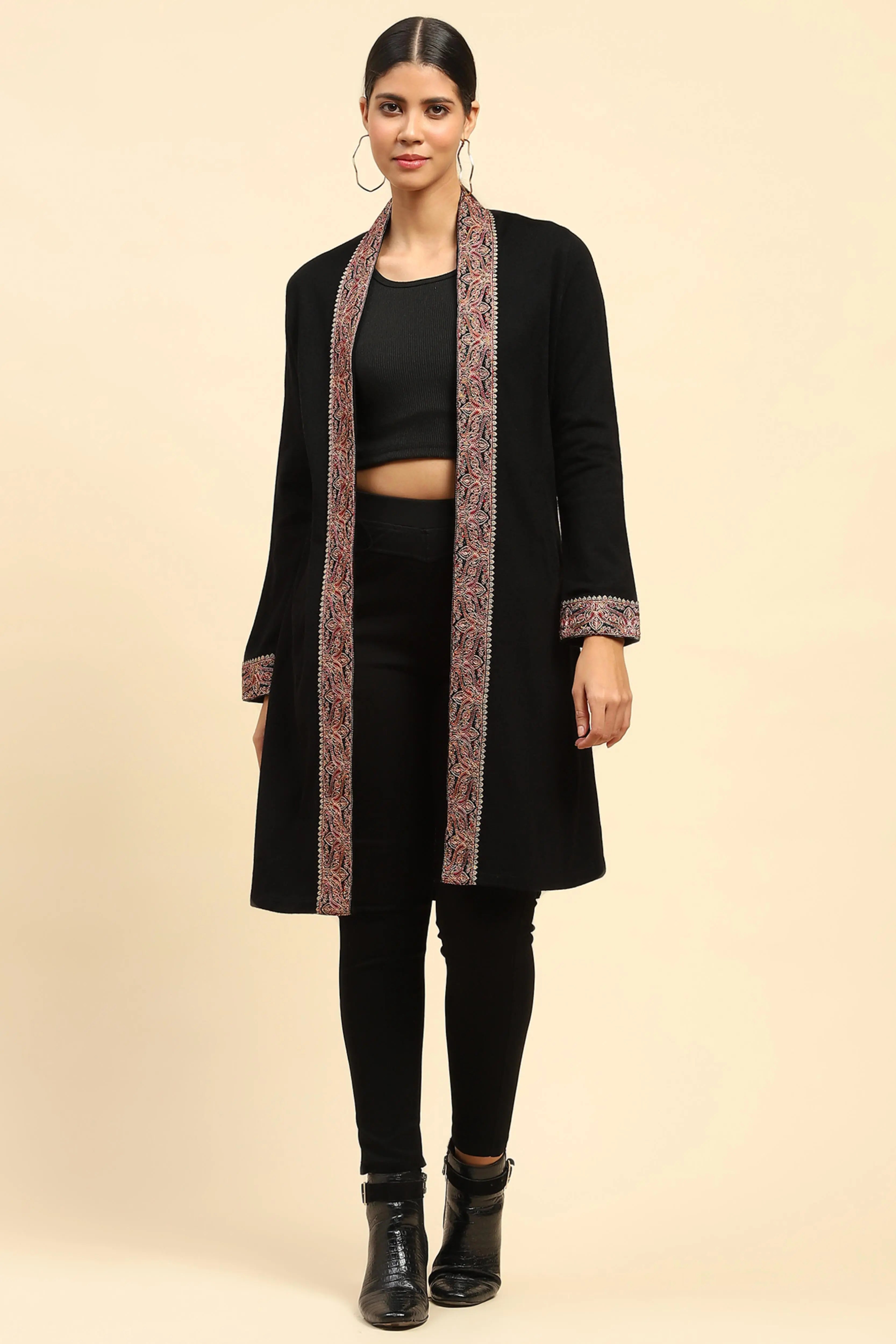 Black Woolen Thread Embroidered Shrug - Global Republic