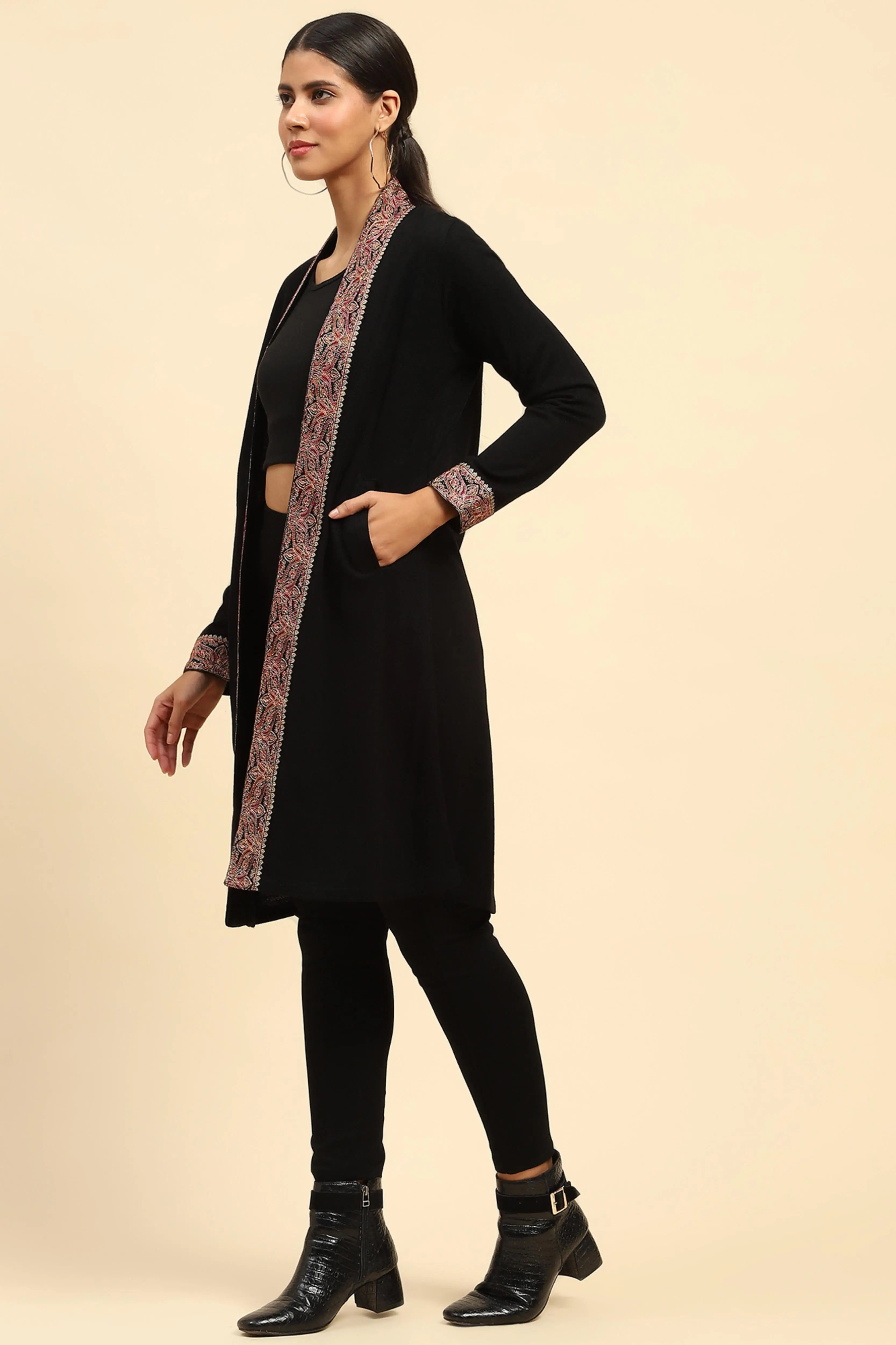 Black Woolen Thread Embroidered Shrug - Global Republic