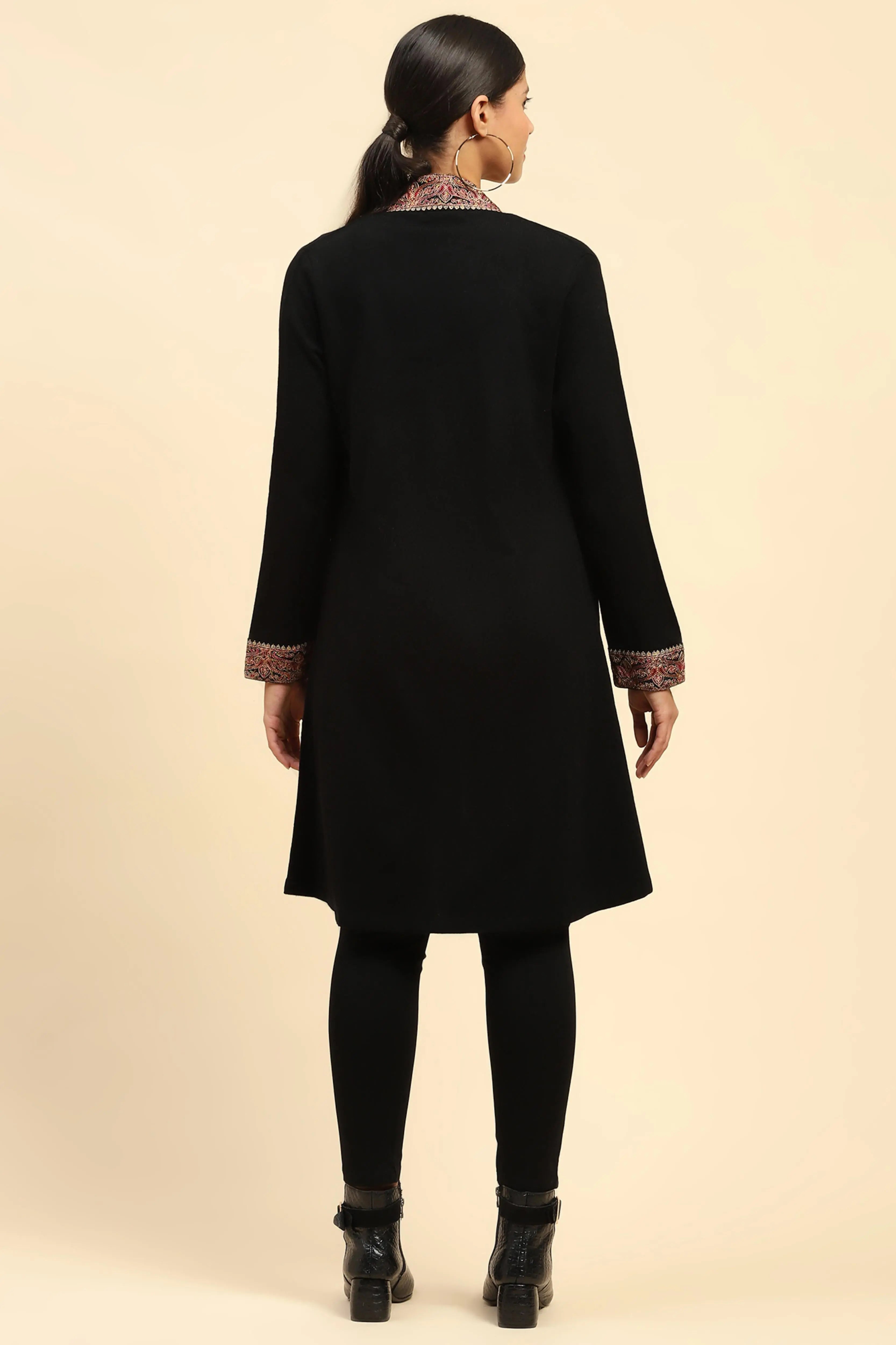 Black Woolen Thread Embroidered Shrug - Global Republic