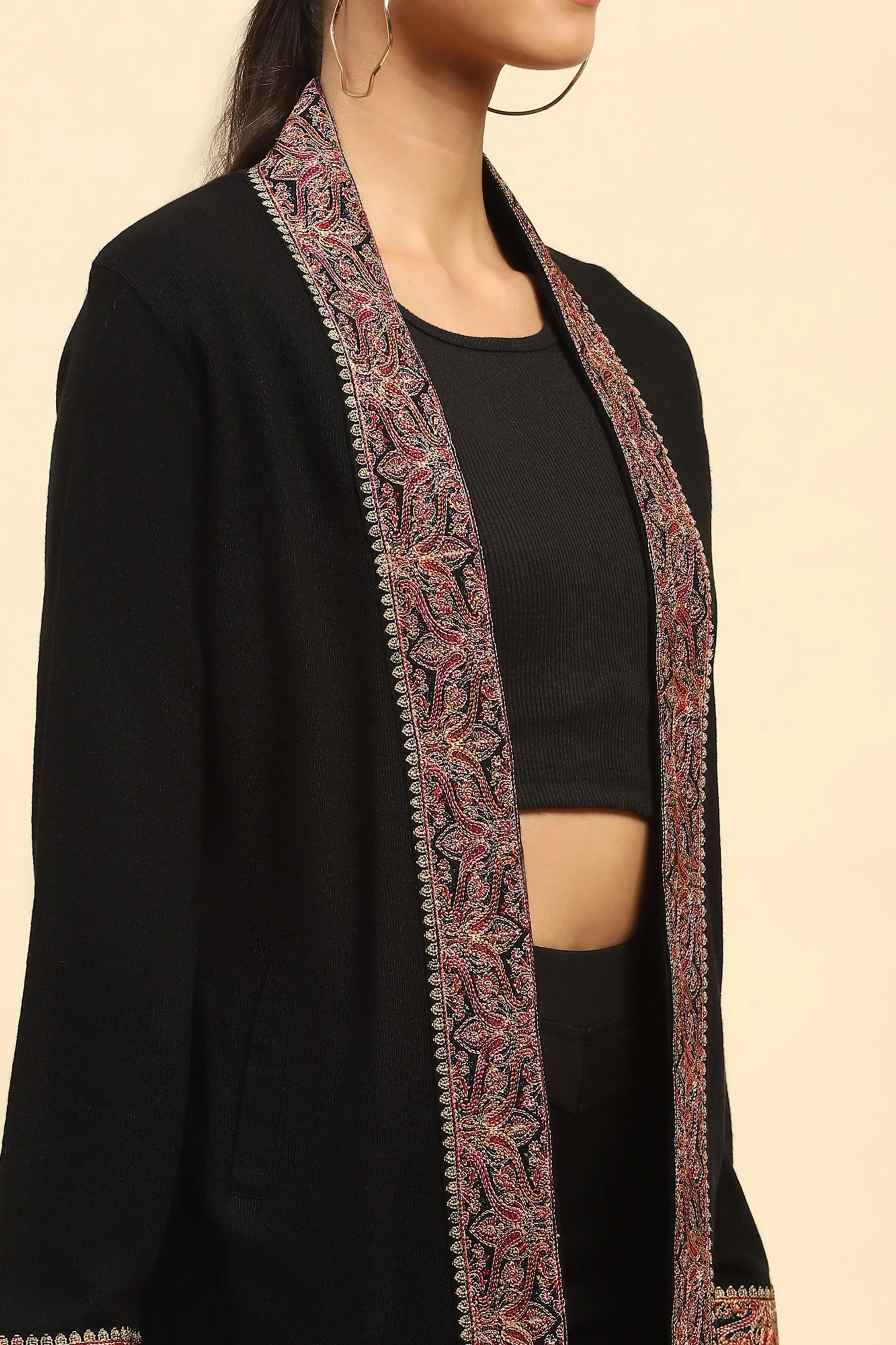 Black Woolen Thread Embroidered Shrug - Global Republic