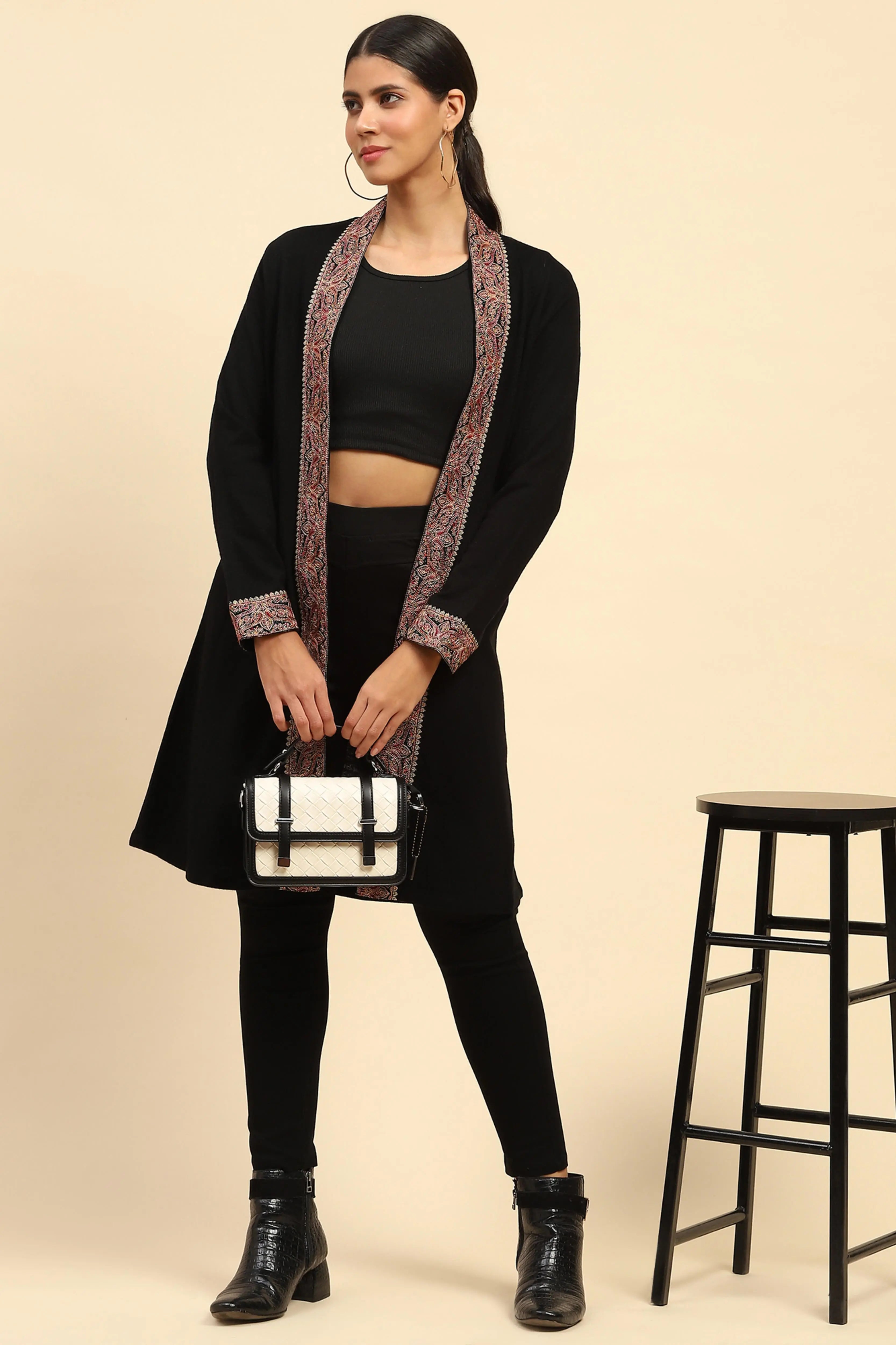 Black Woolen Thread Embroidered Shrug - Global Republic