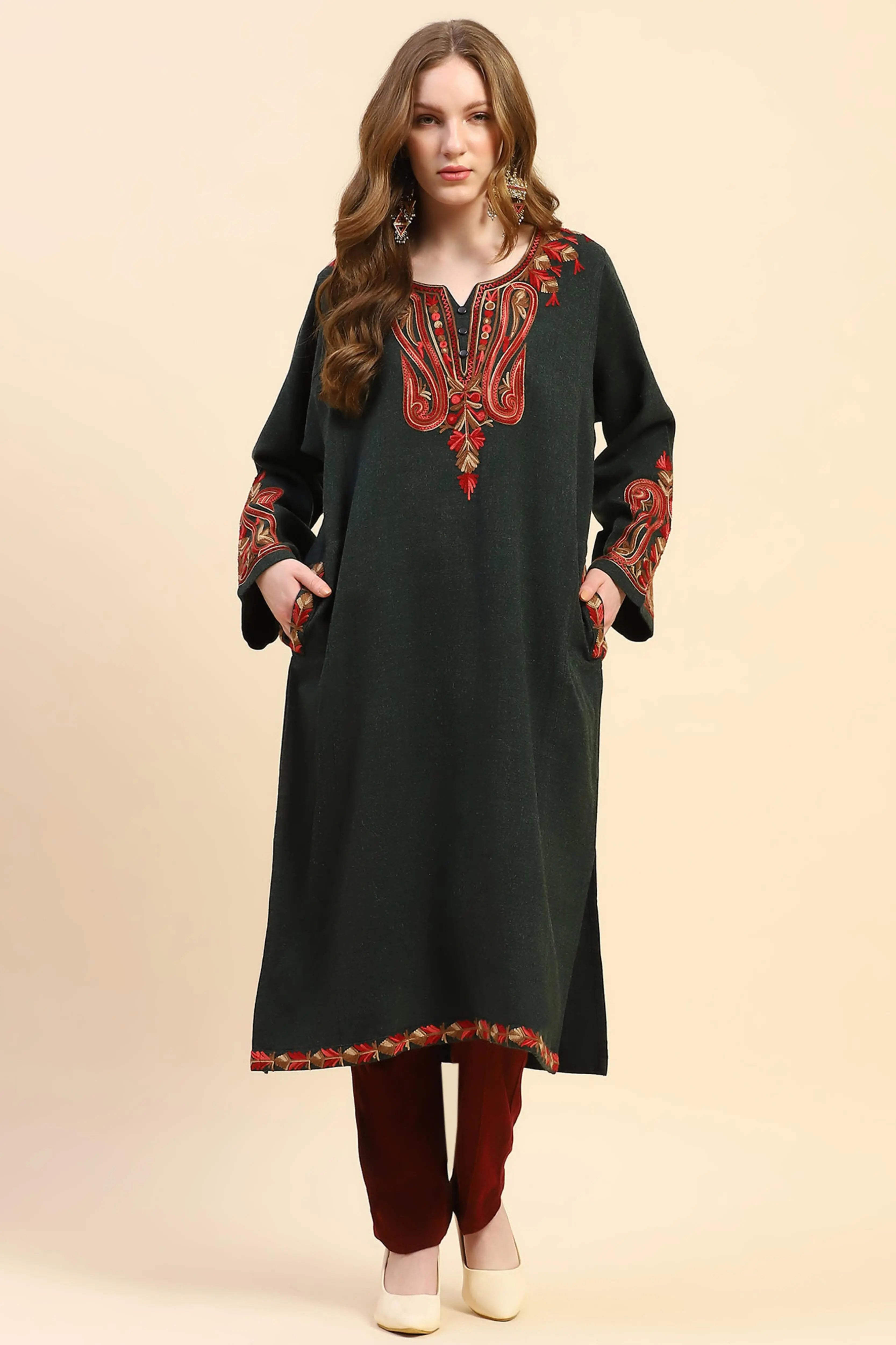 Olive Woolen Thread Embroidered Notch Neck Kurta - Global Republic